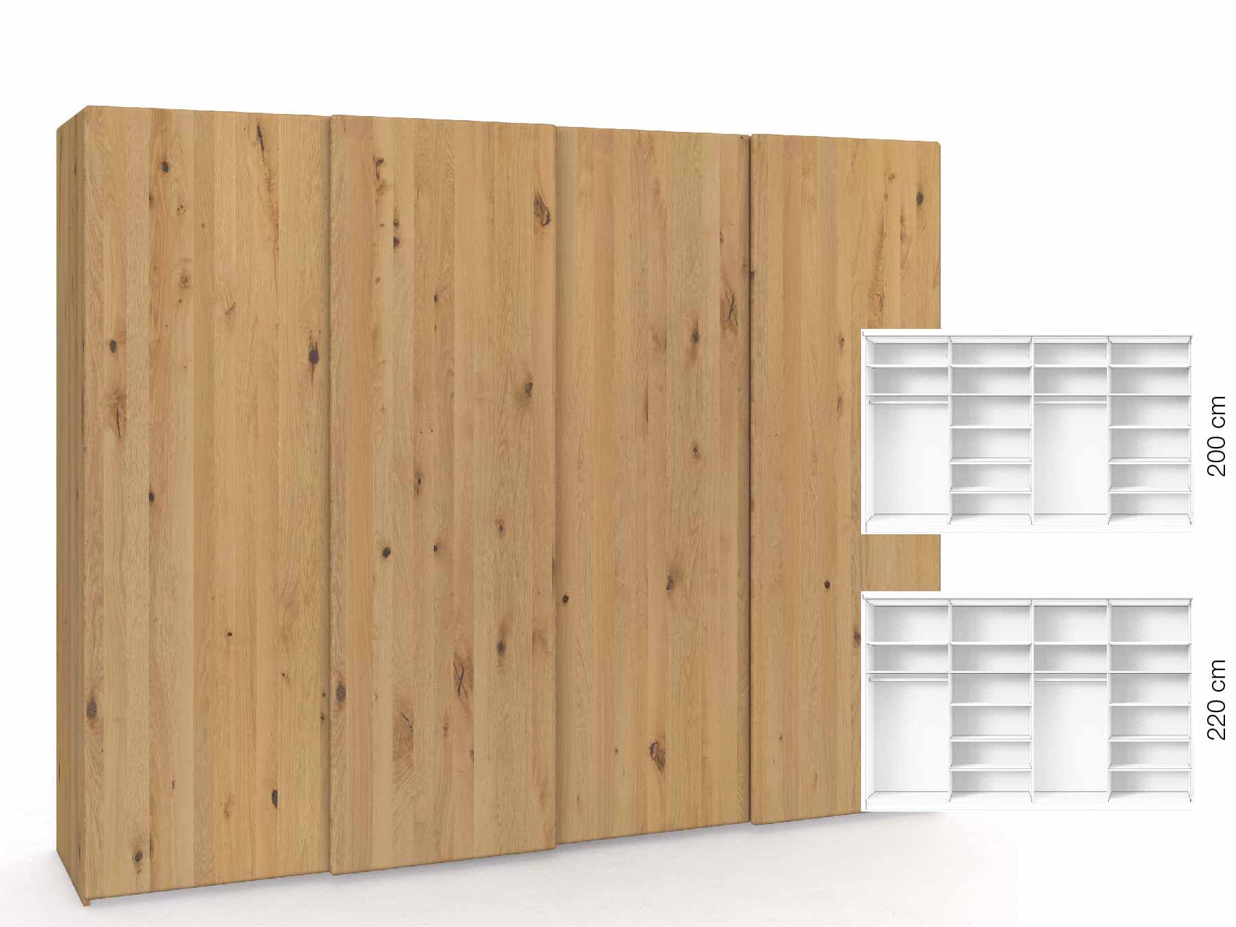 Wildeichenschrank Hell „Viktor", 4-türig, Höhe 220 cm, Inneneinrichtung: B, Grifflos