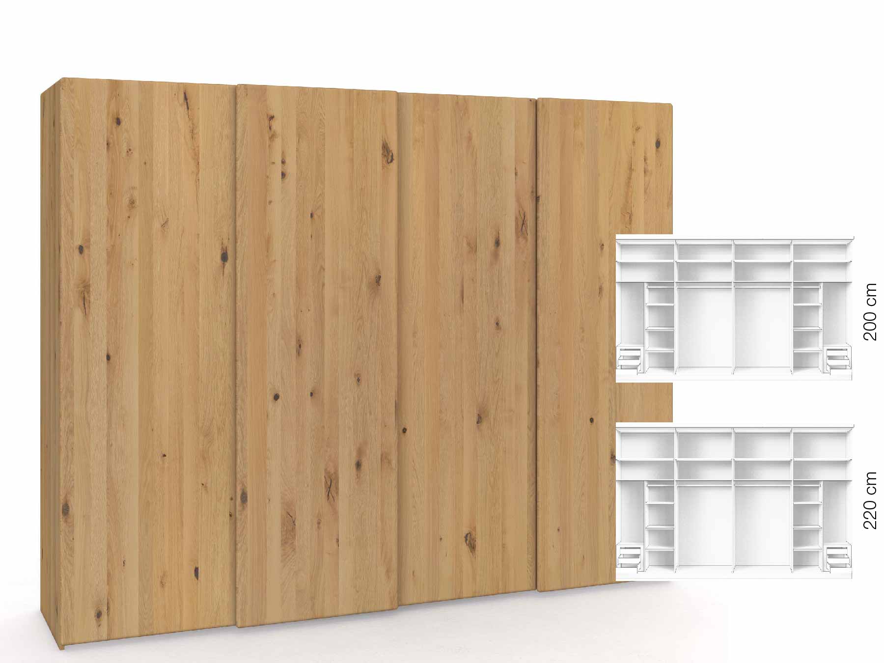 Wildeichenschrank Hell „Viktor", 4-türig, Höhe 220 cm, Inneneinrichtung: C, Grifflos