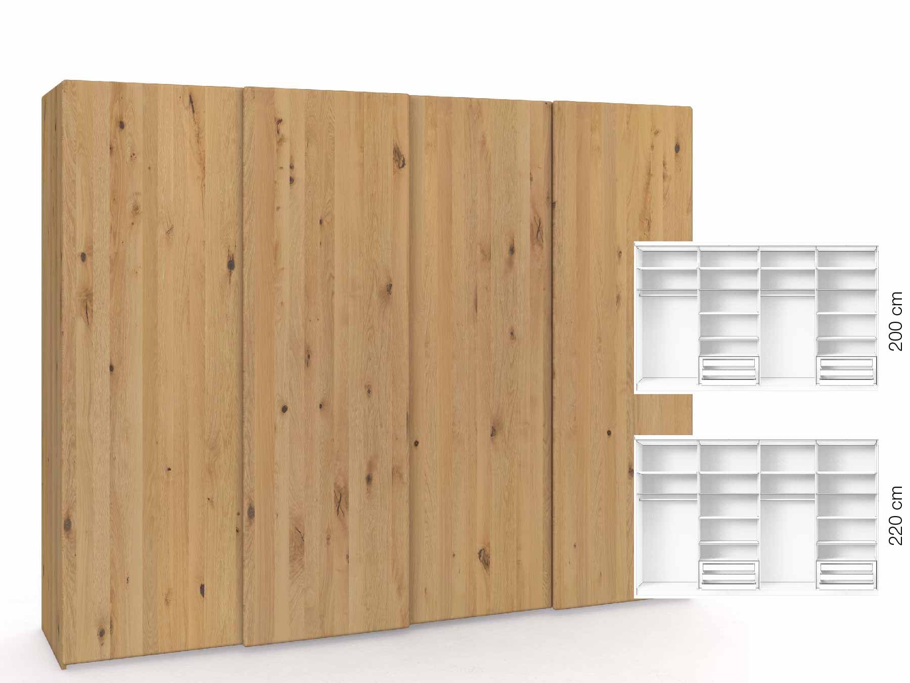 Wildeichenschrank Hell „Viktor", 4-türig, Höhe 220 cm, Inneneinrichtung: D, Grifflos