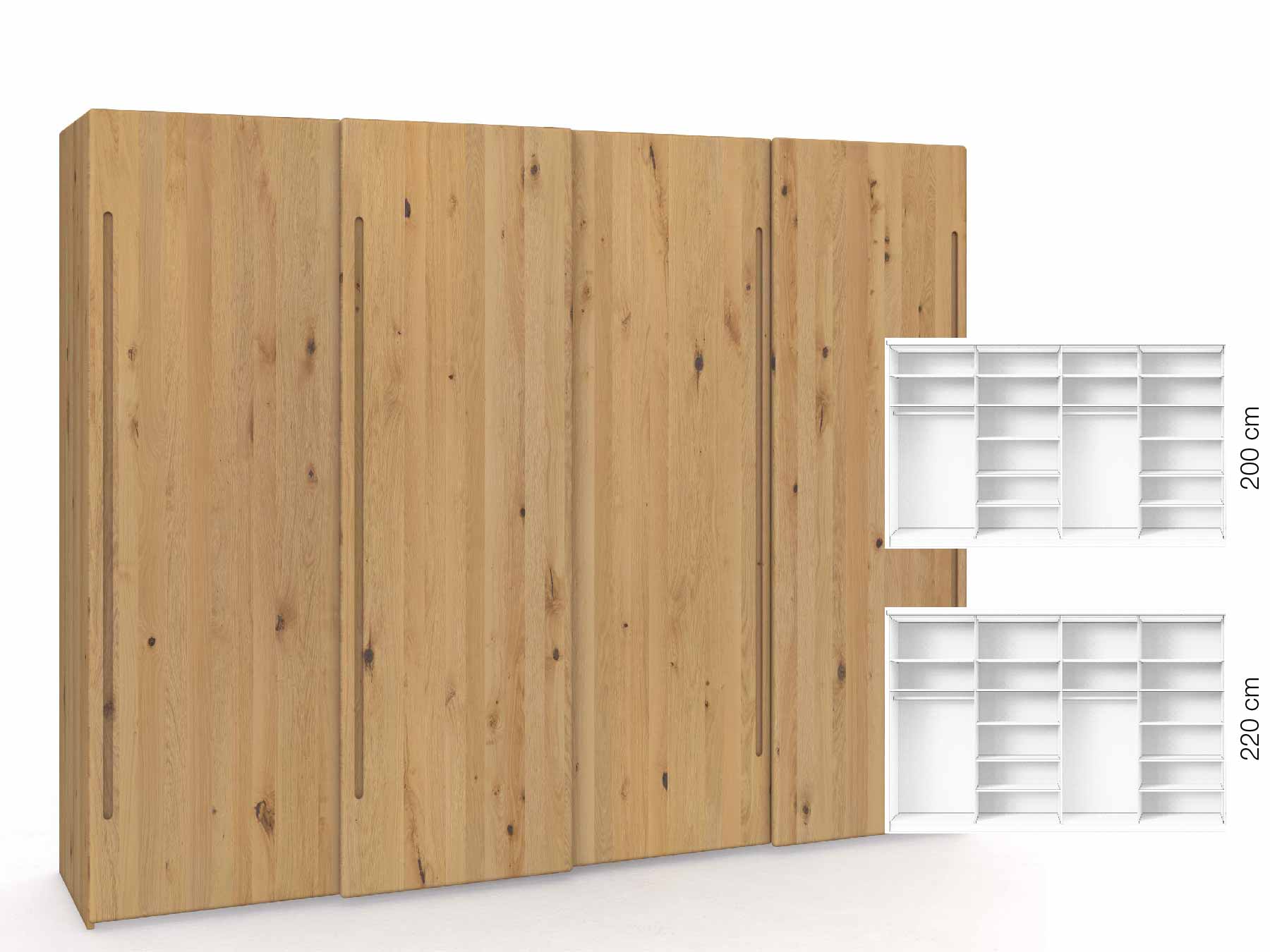 Wildeichenschrank Hell „Viktor", 4-türig, Höhe 220 cm, Inneneinrichtung: B, Griff C