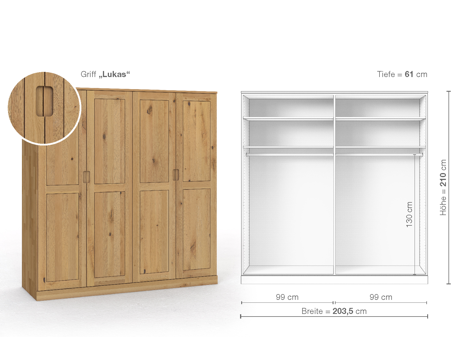 Schrank „Edelweiß“ aus Wildeiche Hell, 4-türig, Höhe 210 cm, Griffausführung „Lukas“, Inneneinrichtung A