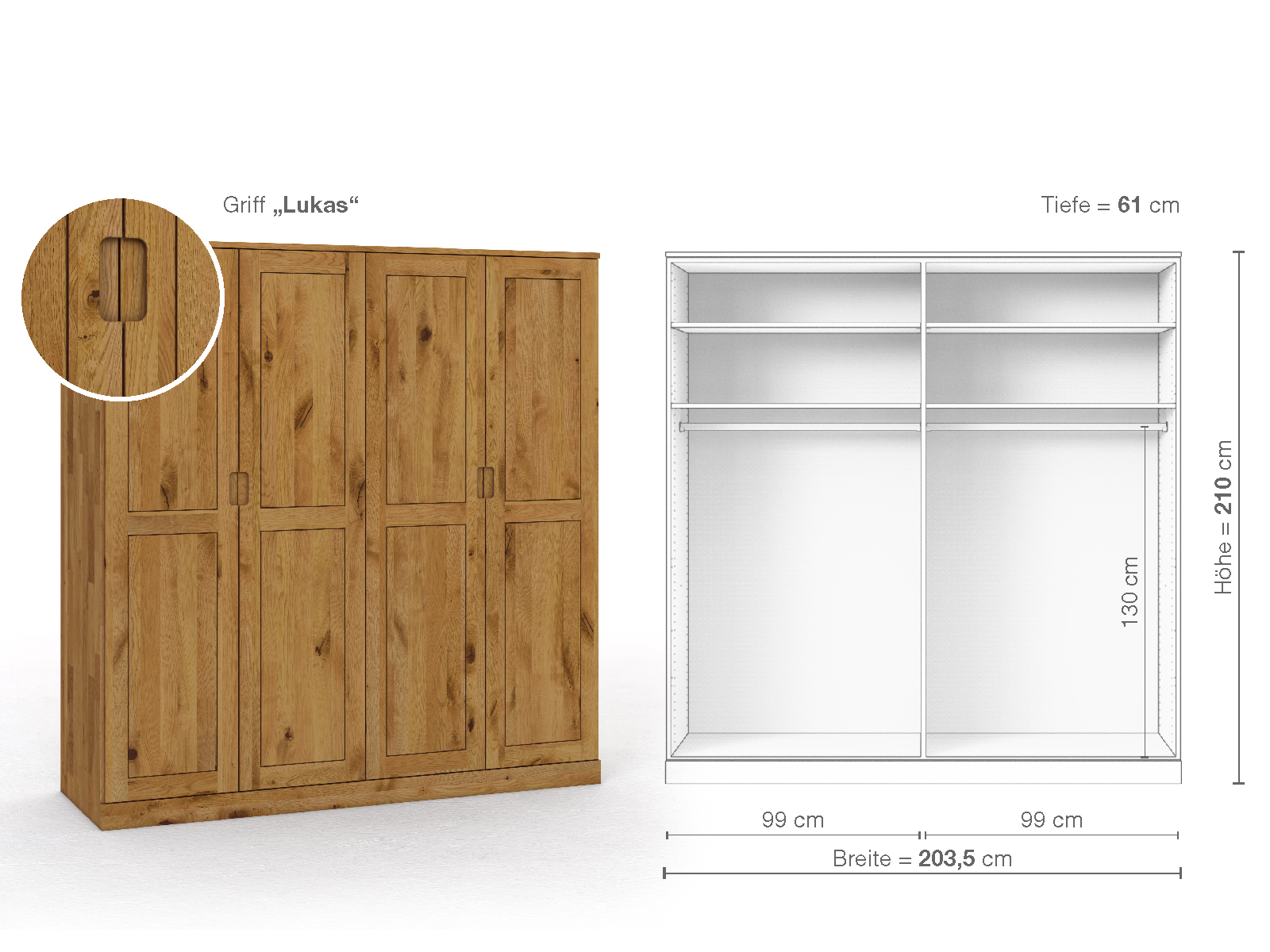 Schrank „Edelweiß“ aus Wildeiche, 4-türig, Höhe 210 cm, Griffausführung „Lukas“, Inneneinrichtung A