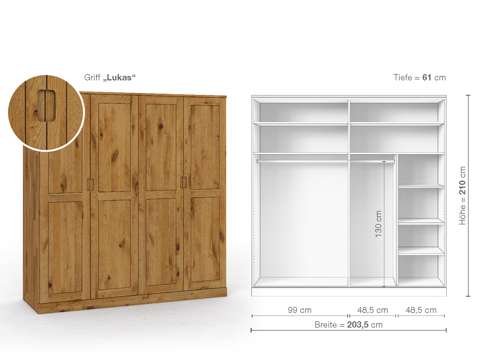 Schrank „Edelweiß“ aus Wildeiche, 4-türig, Höhe 210 cm, Griffausführung „Lukas“, Inneneinrichtung B