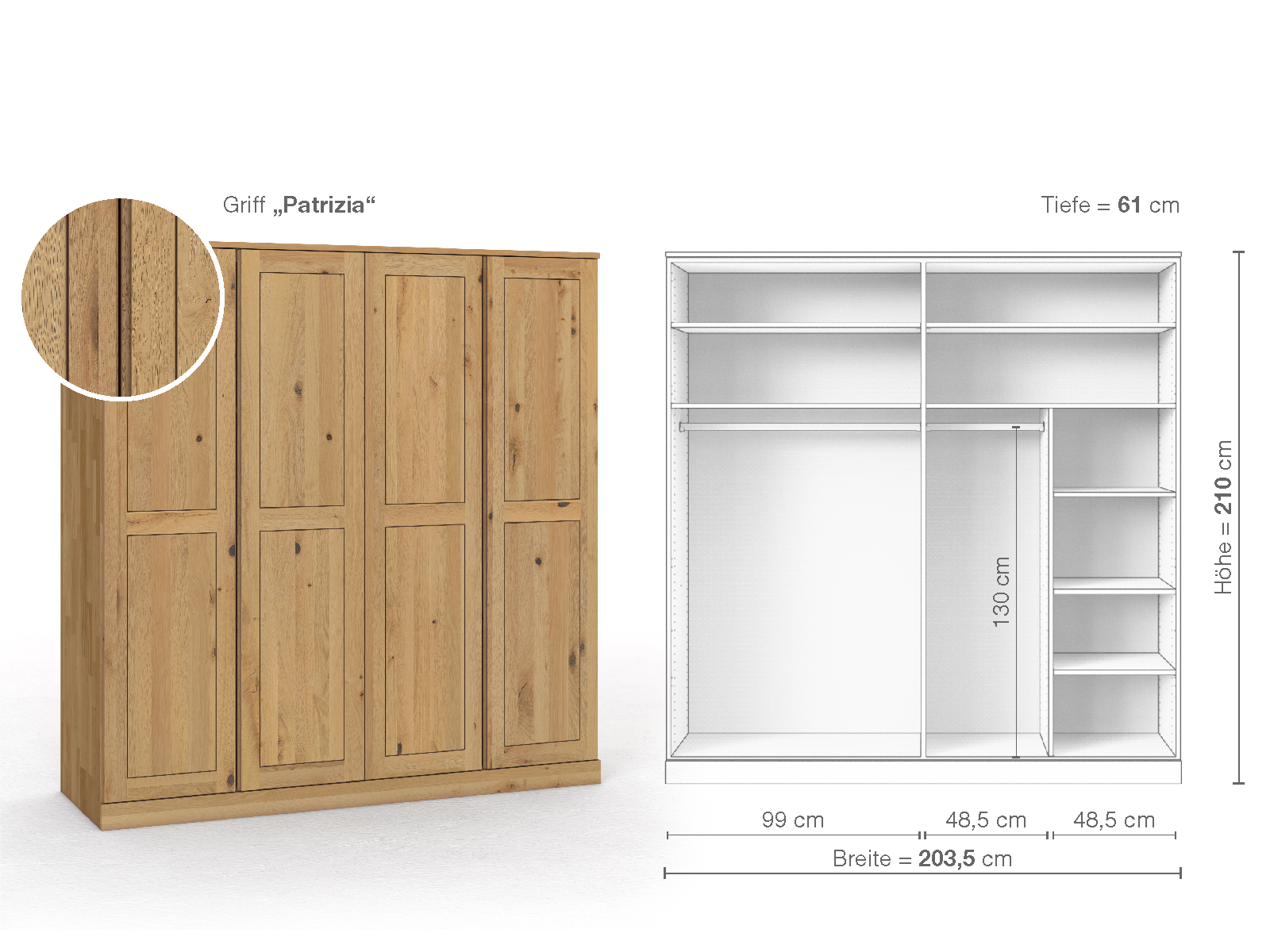 Schrank „Edelweiß“ aus Wildeiche Hell, 4-türig, Höhe 210 cm, Griffausführung „Patrizia“, Inneneinrichtung B