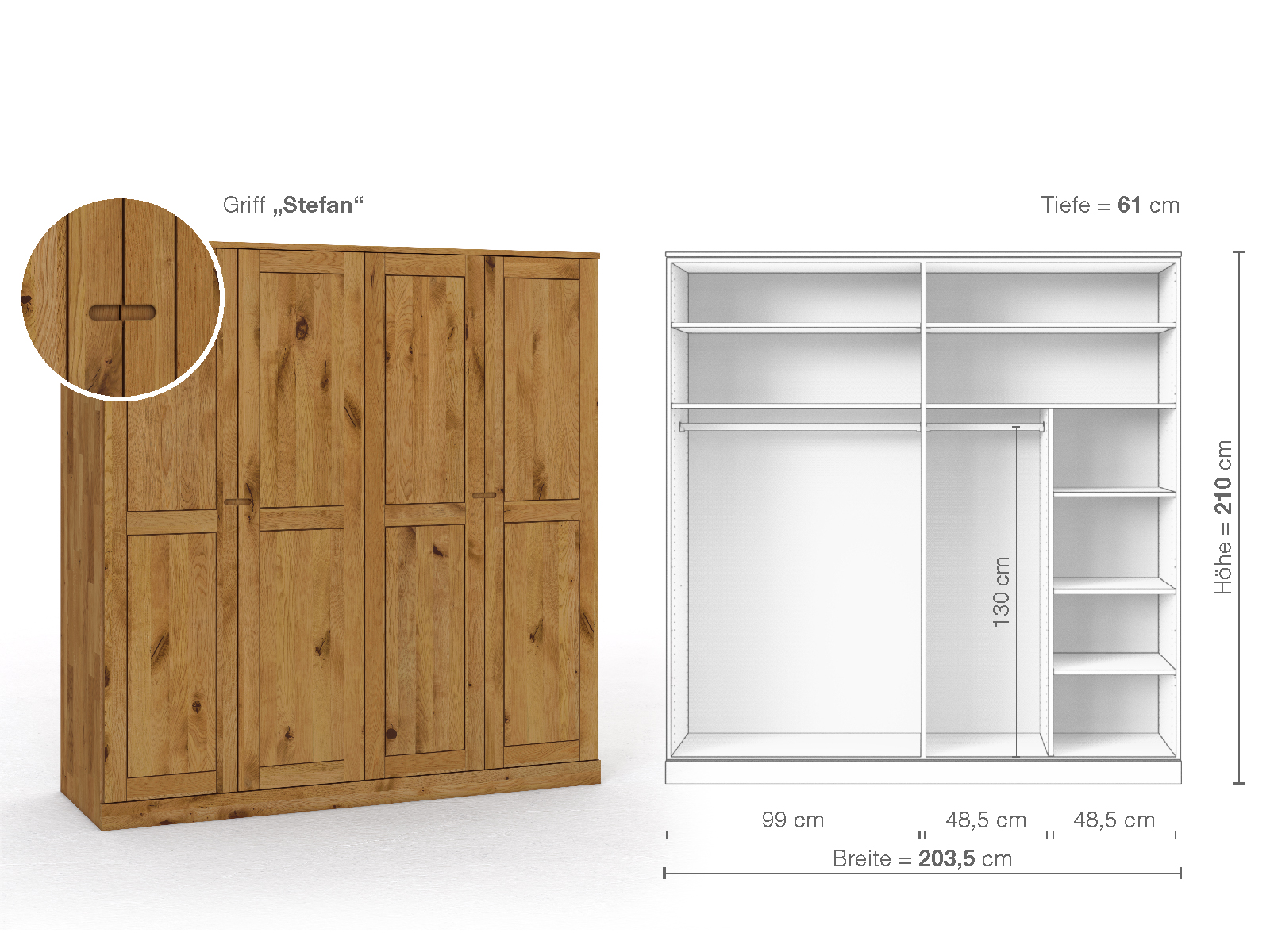 Schrank „Edelweiß“ aus Wildeiche, 4-türig, Höhe 210 cm, Griffausführung „Stefan“, Inneneinrichtung B