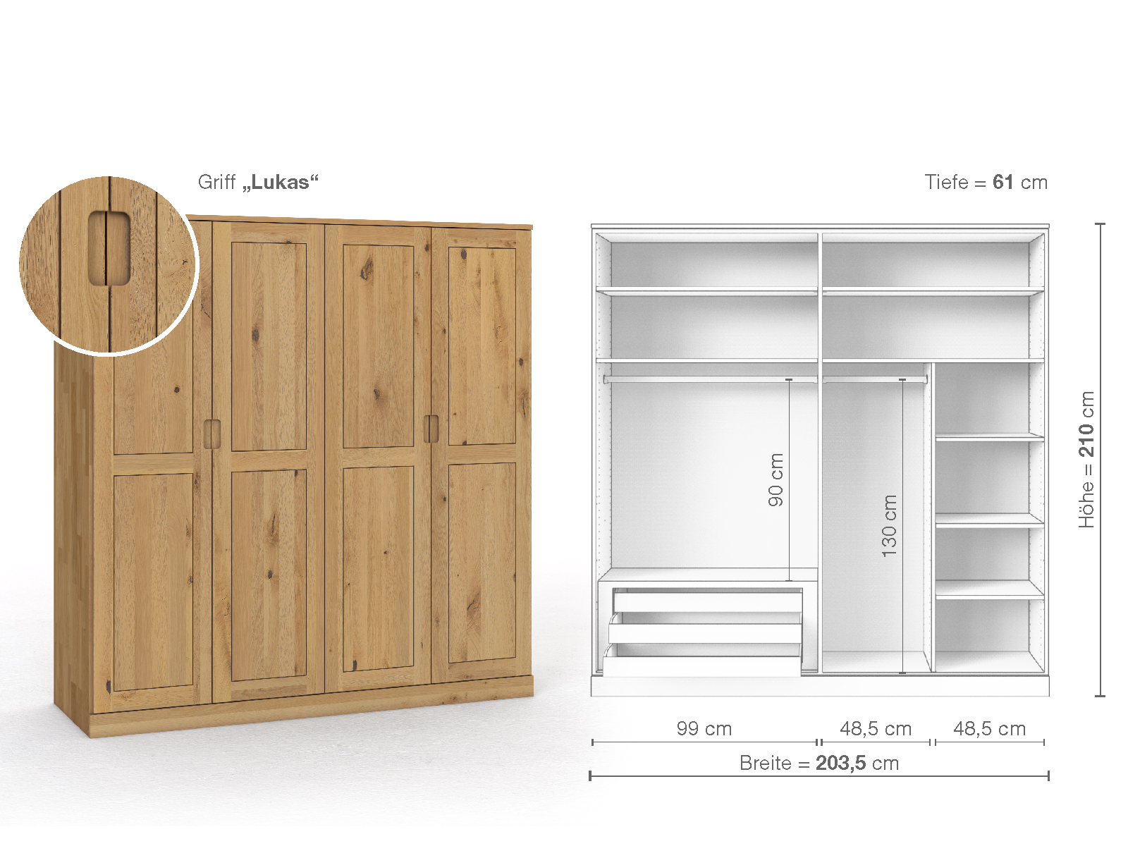 Schrank „Edelweiß“ aus Wildeiche Hell, 4-türig, Höhe 210 cm, Griffausführung „Lukas“, Inneneinrichtung C