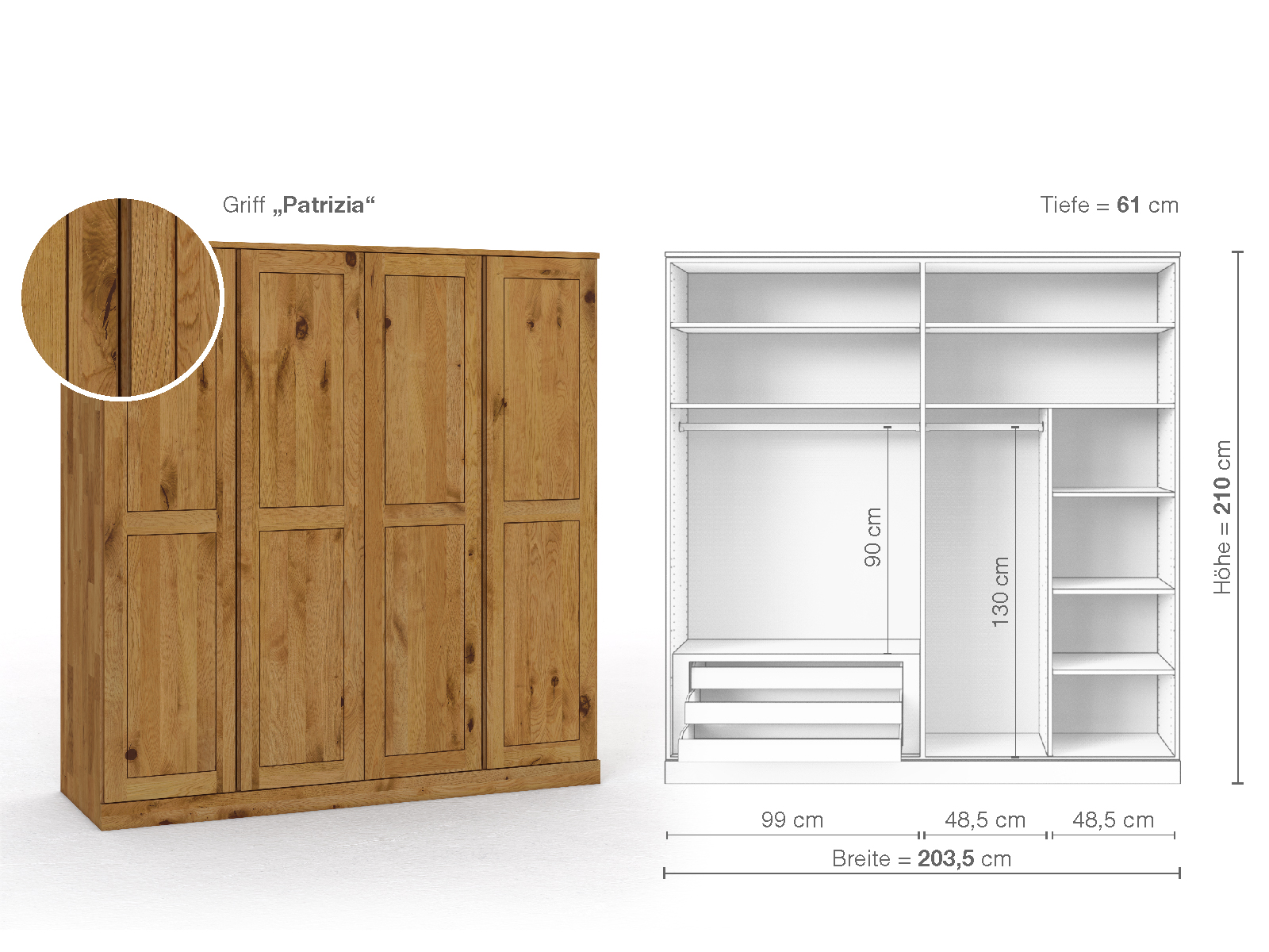 Schrank „Edelweiß“ aus Wildeiche, 4-türig, Höhe 210 cm, Griffausführung „Patrizia“, Inneneinrichtung C