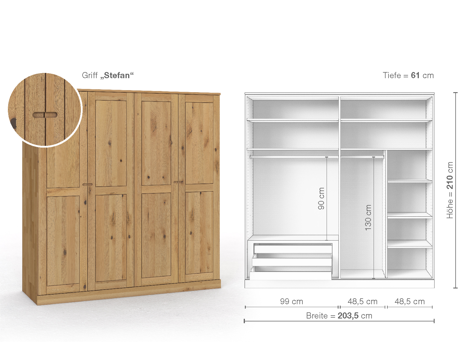 Schrank „Edelweiß“ aus Wildeiche Hell, 4-türig, Höhe 210 cm, Griffausführung „Stefan“, Inneneinrichtung C