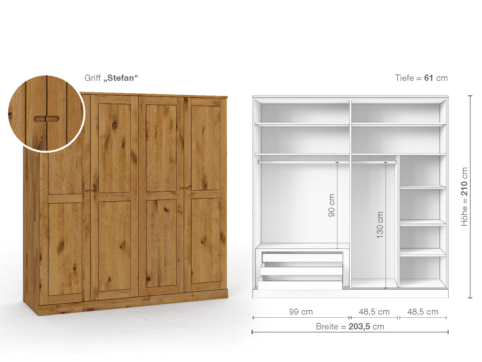 Schrank „Edelweiß“ aus Wildeiche, 4-türig, Höhe 210 cm, Griffausführung „Stefan“, Inneneinrichtung C