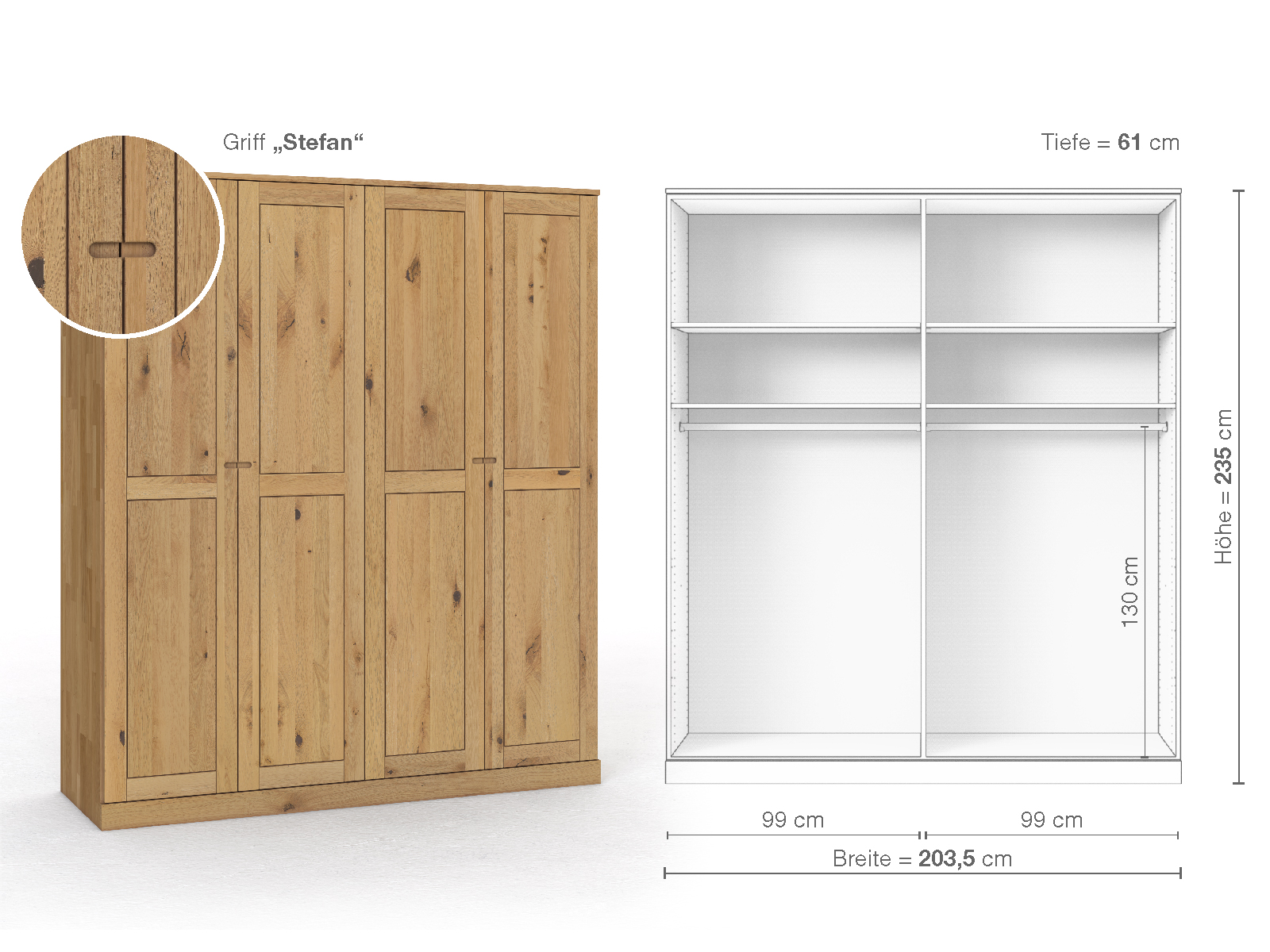 Schrank „Edelweiß“ aus Wildeiche Hell, 4-türig, Höhe 235 cm, Griffausführung „Stefan“, Inneneinrichtung A