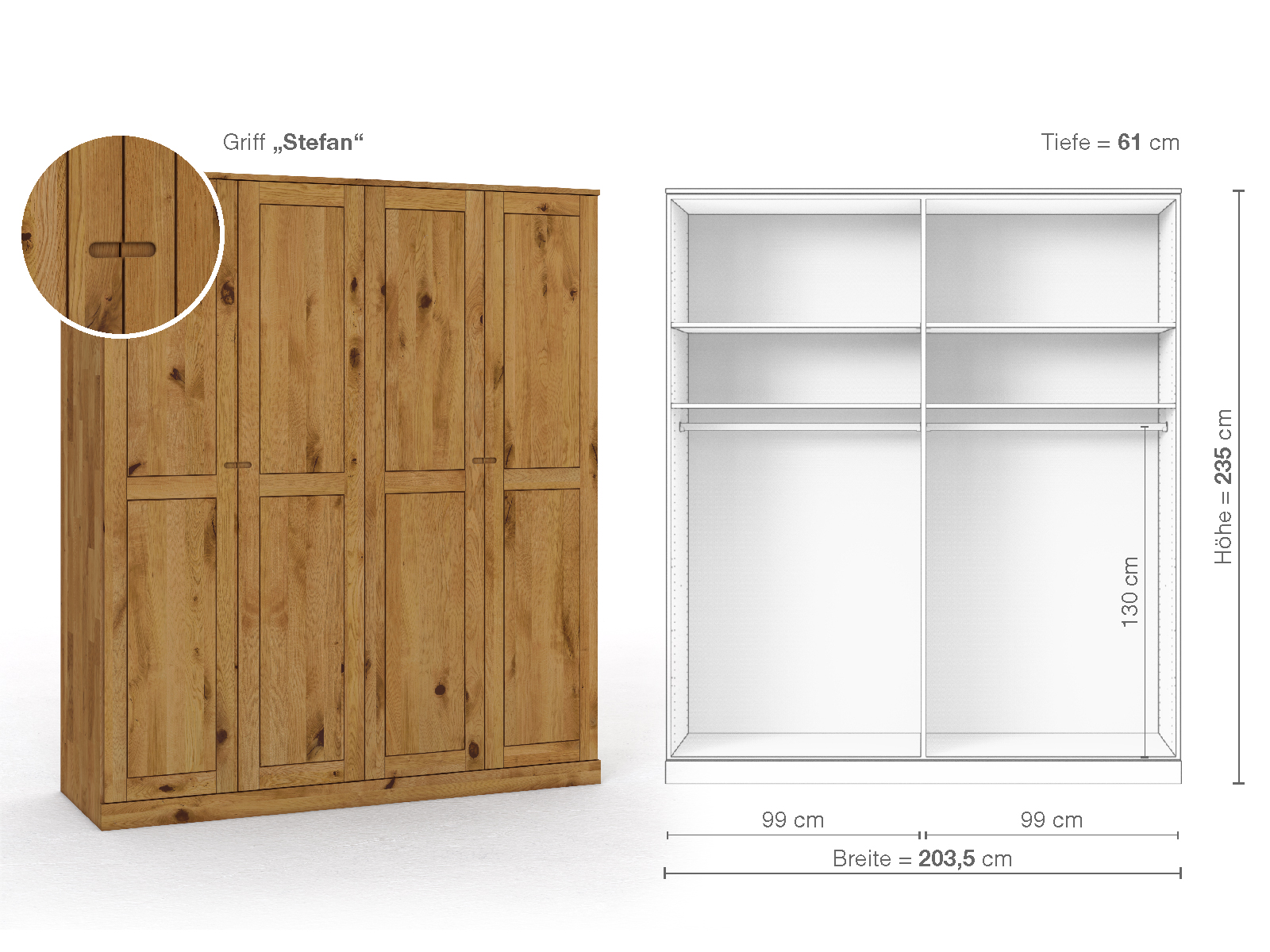 Schrank „Edelweiß“ aus Wildeiche, 4-türig, Höhe 235 cm, Griffausführung „Stefan“, Inneneinrichtung A
