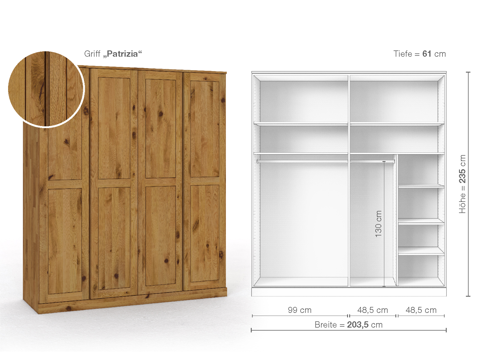 Schrank „Edelweiß“ aus Wildeiche, 4-türig, Höhe 235 cm, Griffausführung „Patrizia“, Inneneinrichtung B