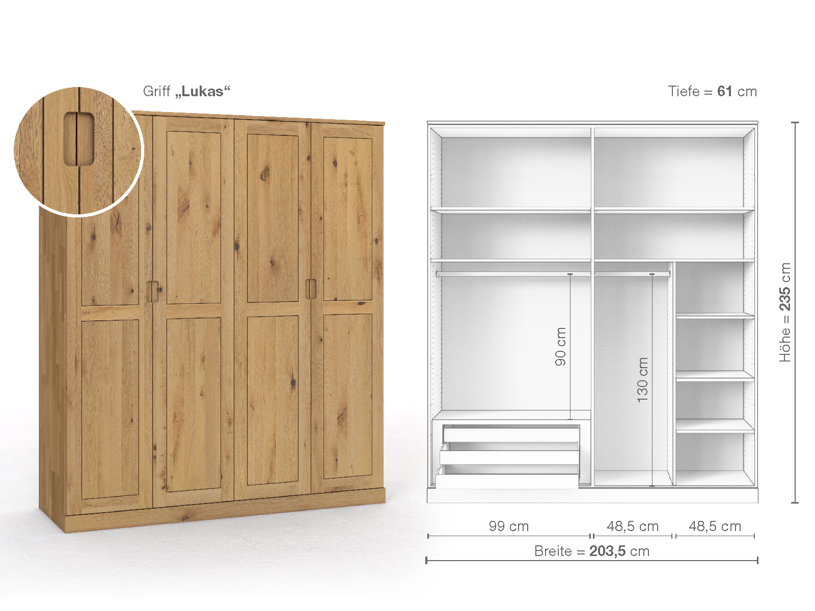 Schrank „Edelweiß“ aus Wildeiche Hell, 4-türig, Höhe 235 cm, Griffausführung „Lukas“, Inneneinrichtung C