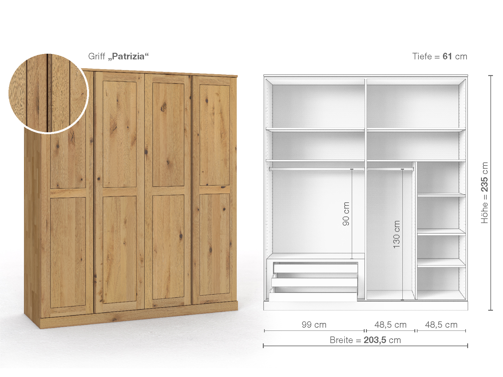 Schrank „Edelweiß“ aus Wildeiche Hell, 4-türig, Höhe 235 cm, Griffausführung „Patrizia“, Inneneinrichtung C