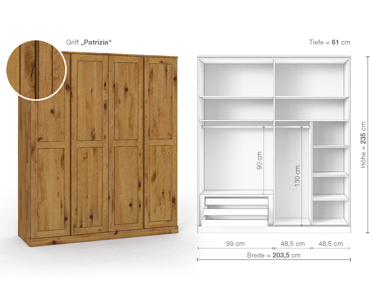 Schrank „Edelweiß“ aus Wildeiche, 4-türig, Höhe 235 cm, Griffausführung „Patrizia“, Inneneinrichtung C