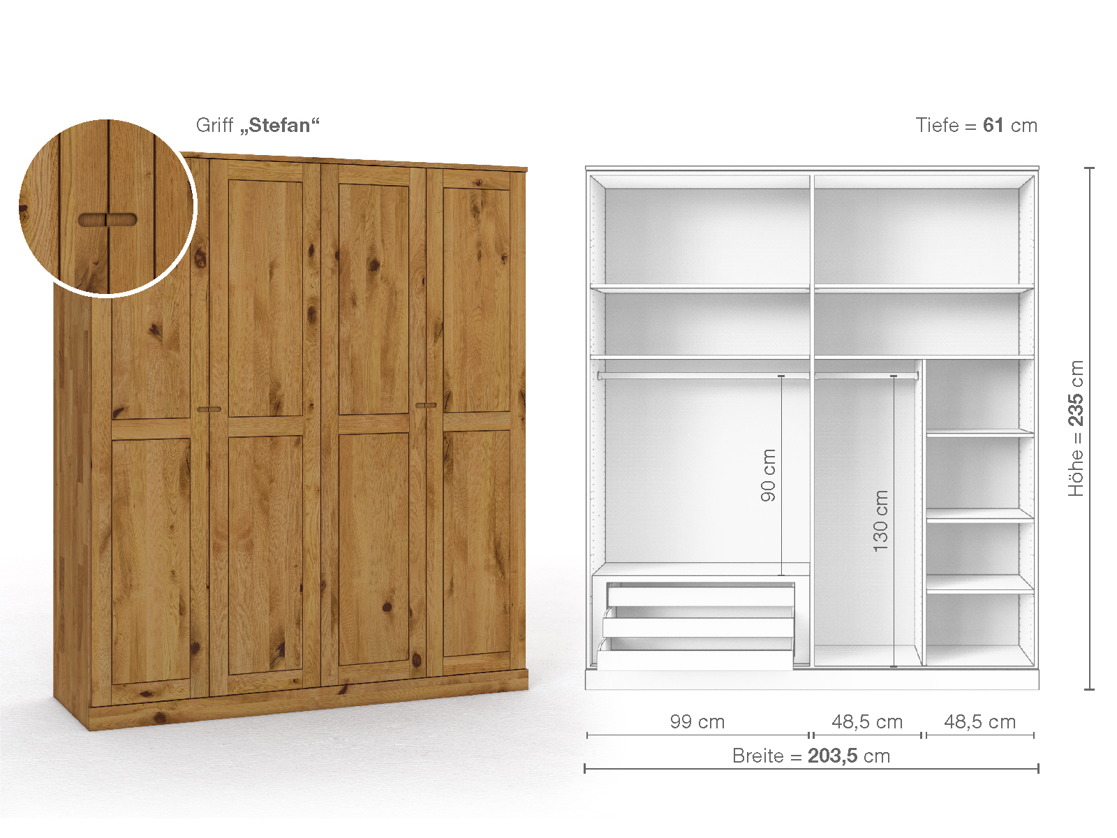 Schrank „Edelweiß“ aus Wildeiche, 4-türig, Höhe 235 cm, Griffausführung „Stefan“, Inneneinrichtung C