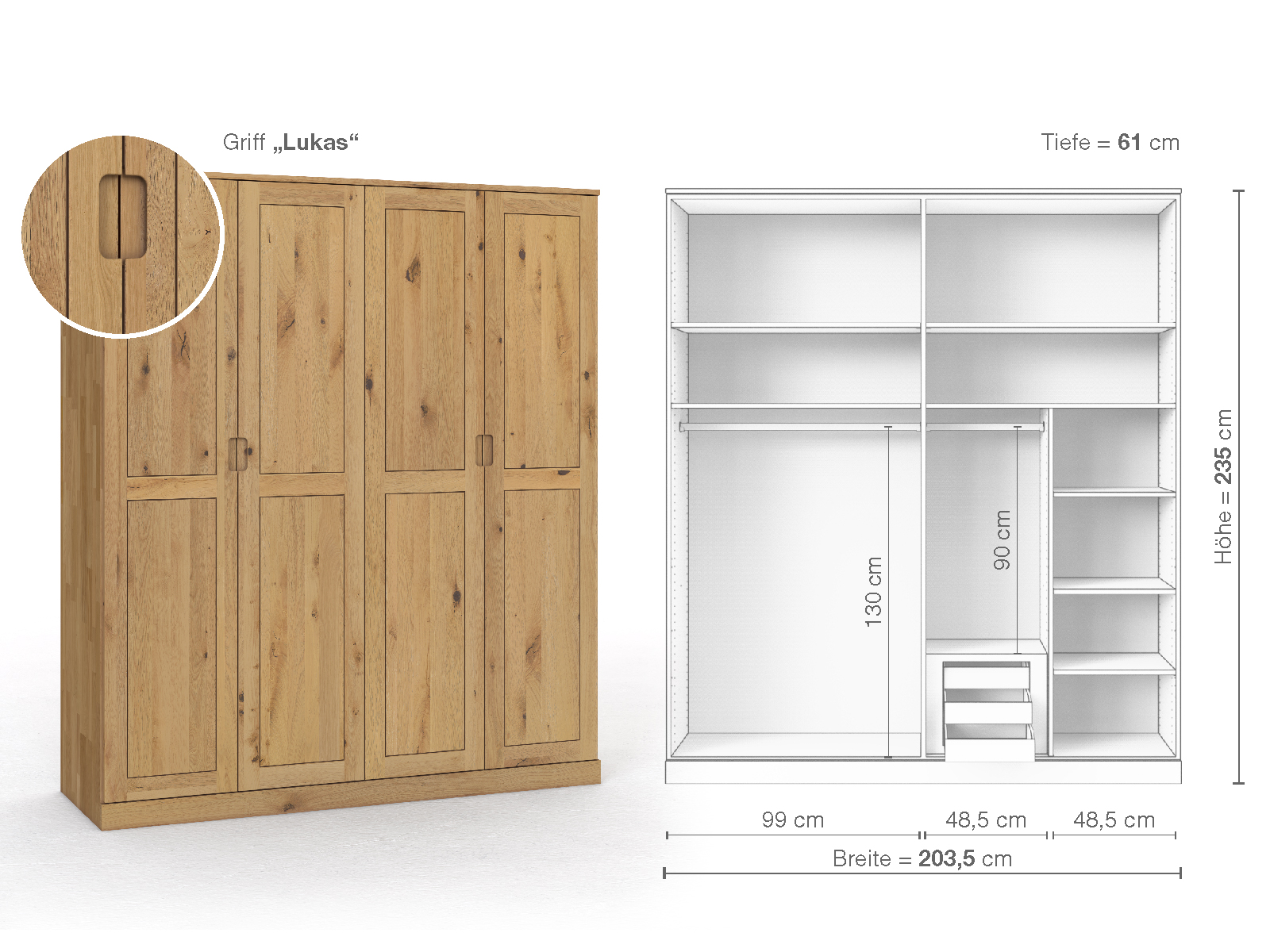 Schrank „Edelweiß“ aus Wildeiche Hell, 4-türig, Höhe 235 cm, Griffausführung „Lukas“, Inneneinrichtung D