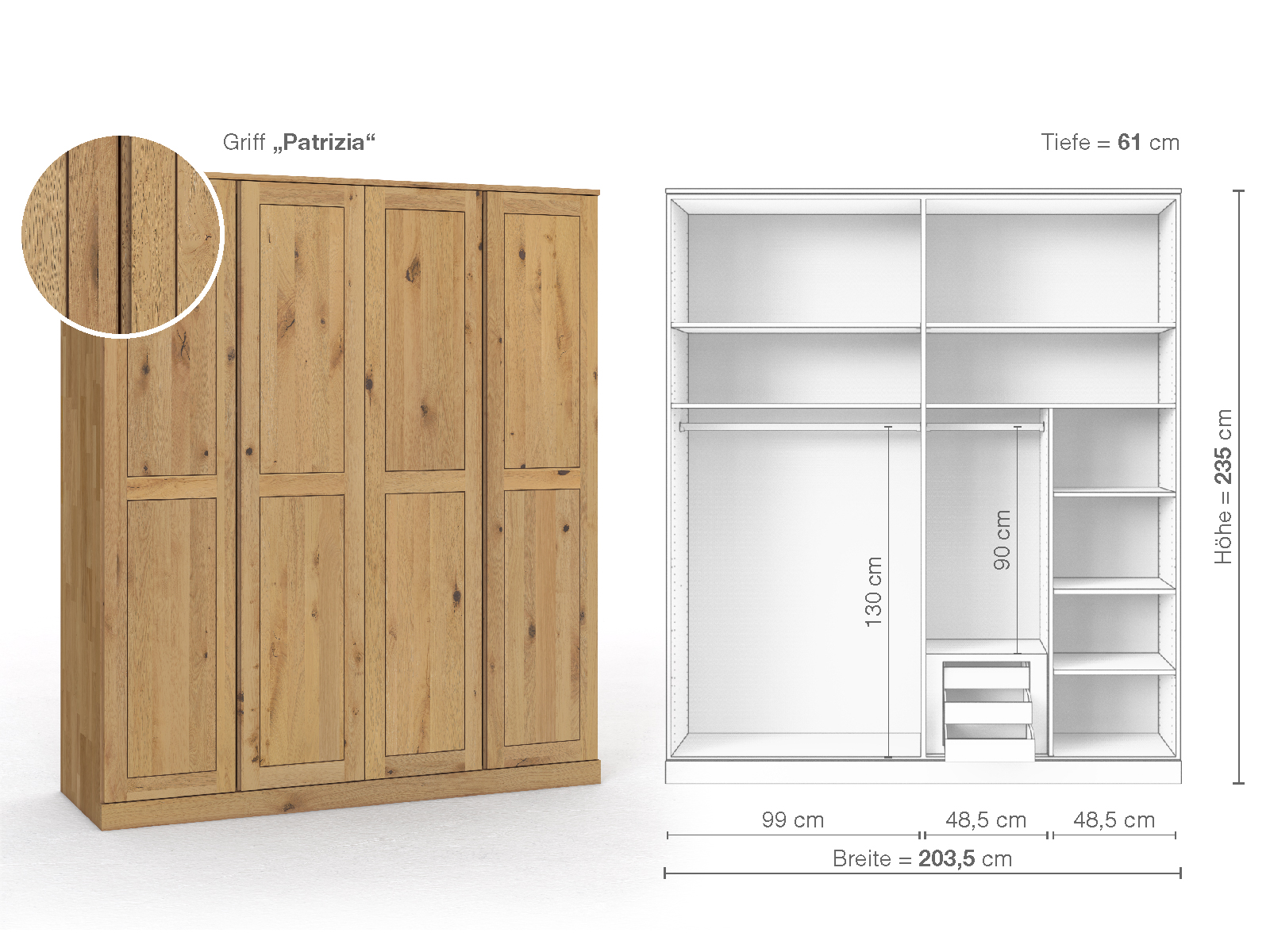 Schrank „Edelweiß“ aus Wildeiche Hell, 4-türig, Höhe 235 cm, Griffausführung „Patrizia“, Inneneinrichtung D