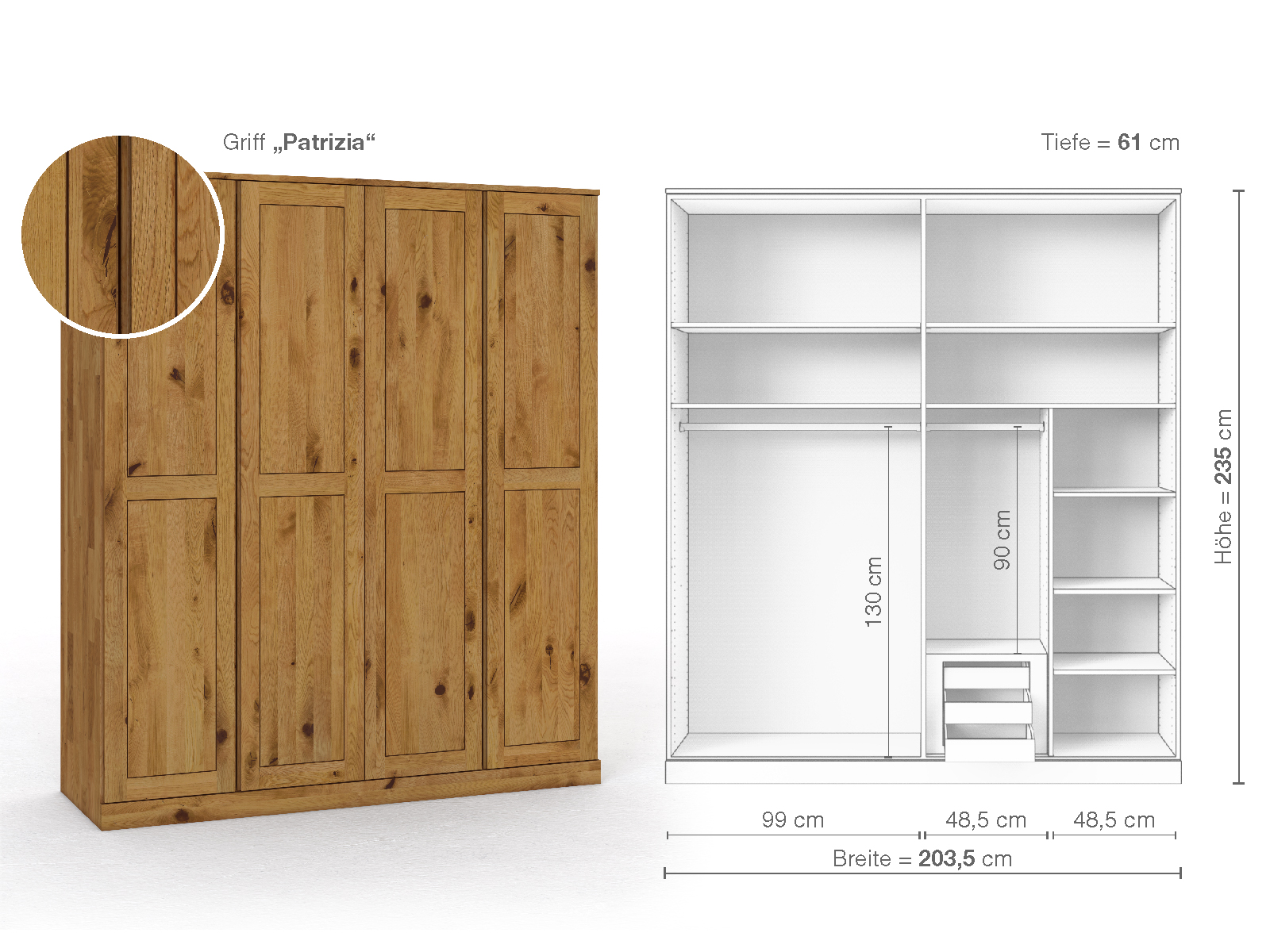 Schrank „Edelweiß“ aus Wildeiche, 4-türig, Höhe 235 cm, Griffausführung „Patrizia“, Inneneinrichtung D