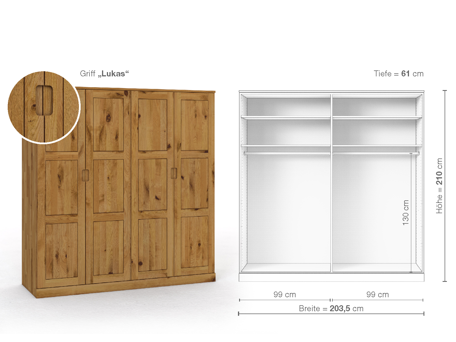 Schrank „Enzian“ aus Wildeiche, 4-türig, Höhe 210 cm, Griffausführung „Lukas“, Inneneinrichtung A