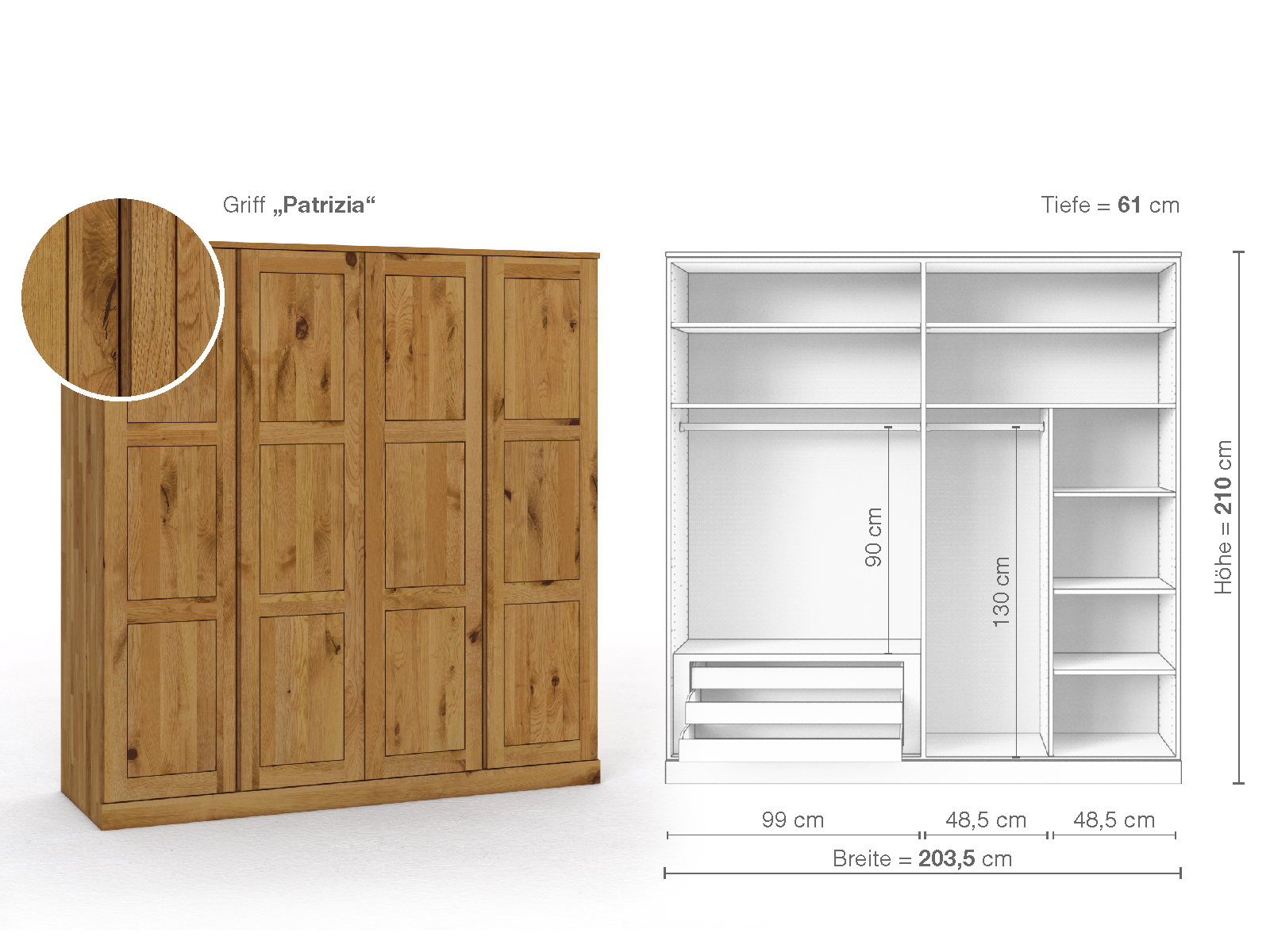 Schrank „Enzian“ aus Wildeiche, 4-türig, Höhe 210 cm, Griffausführung „Patrizia“, Inneneinrichtung C