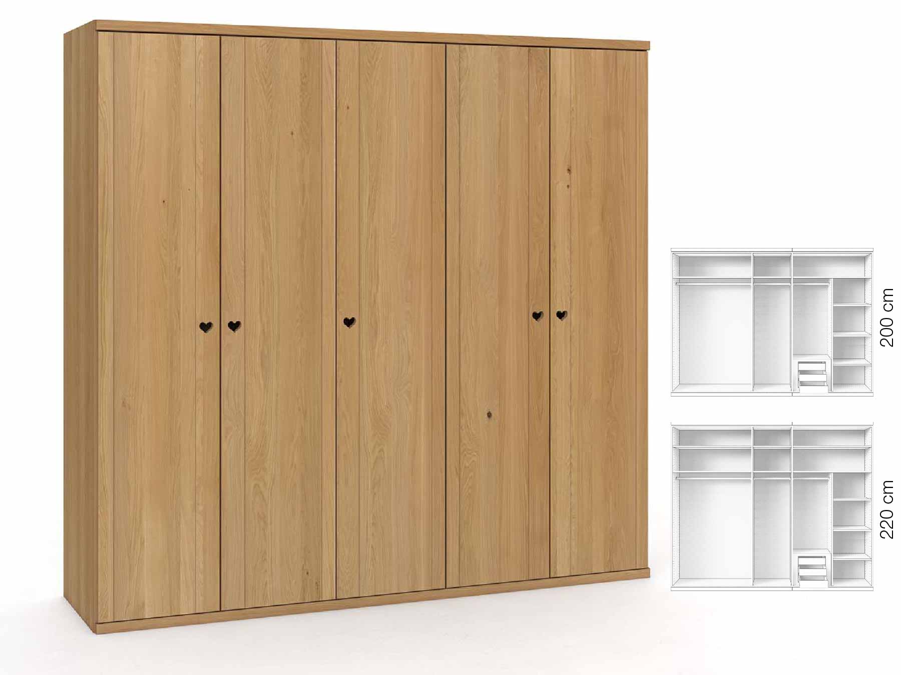 Eichenschrank Hell „Egon“, 5-türig, Höhe 220 cm, Griffausführung „Heidi“, Inneneinrichtung: D