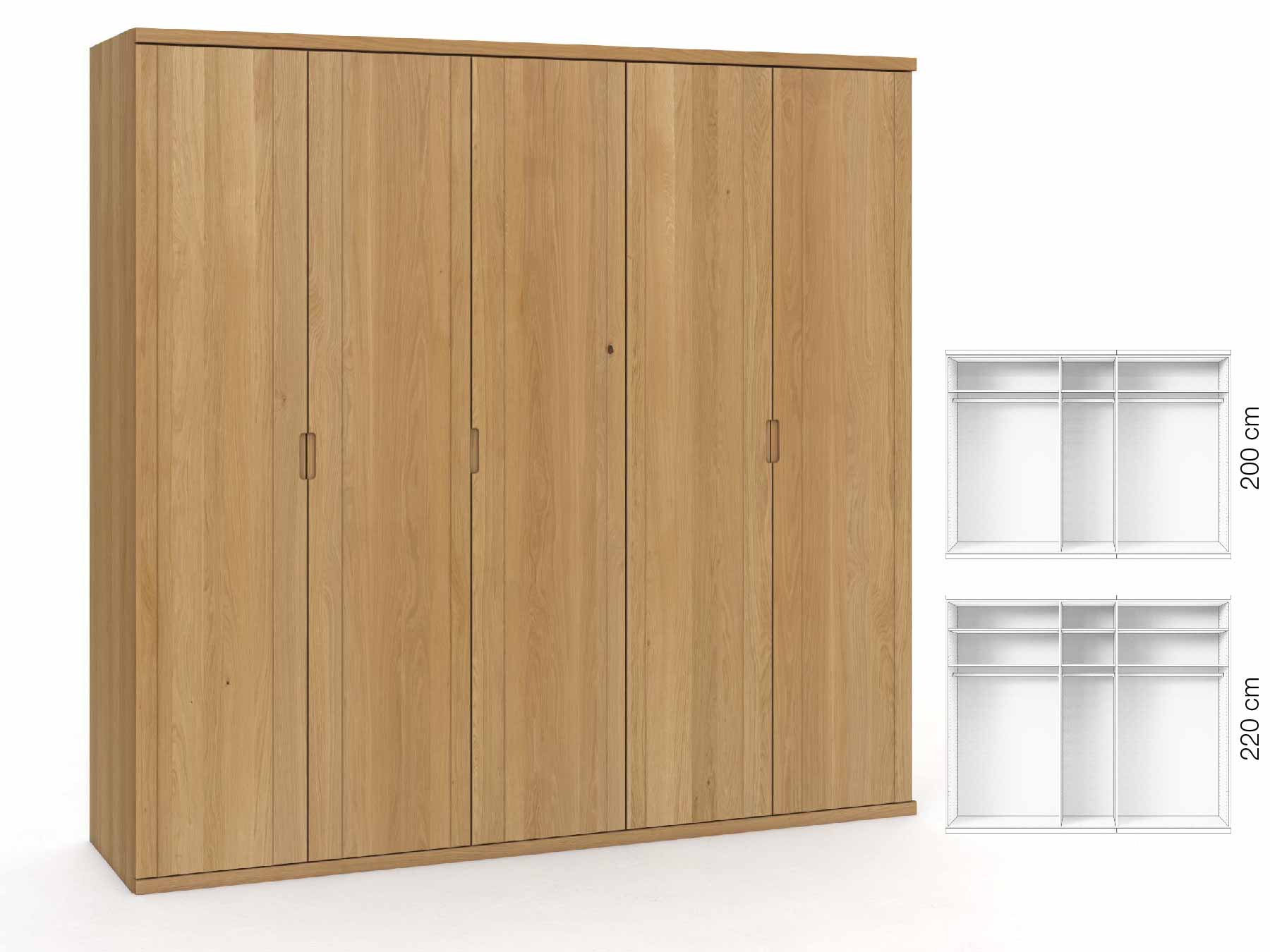 Eichenschrank Hell „Egon“, 5-türig, Höhe 220 cm, Griffausführung „Lukas“, Inneneinrichtung: A