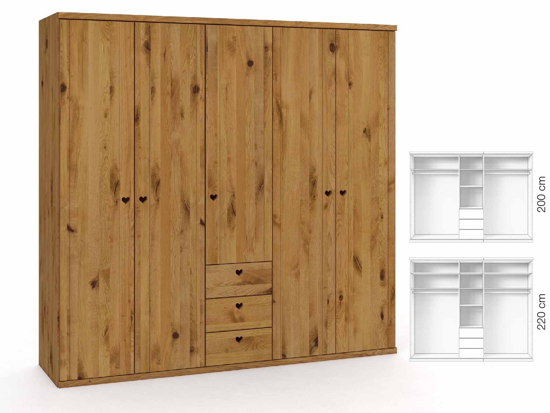 Wildeichenschrank „Egon“, 5-türig, Höhe 220 cm, Griffausführung „Heidi“, Inneneinrichtung: E