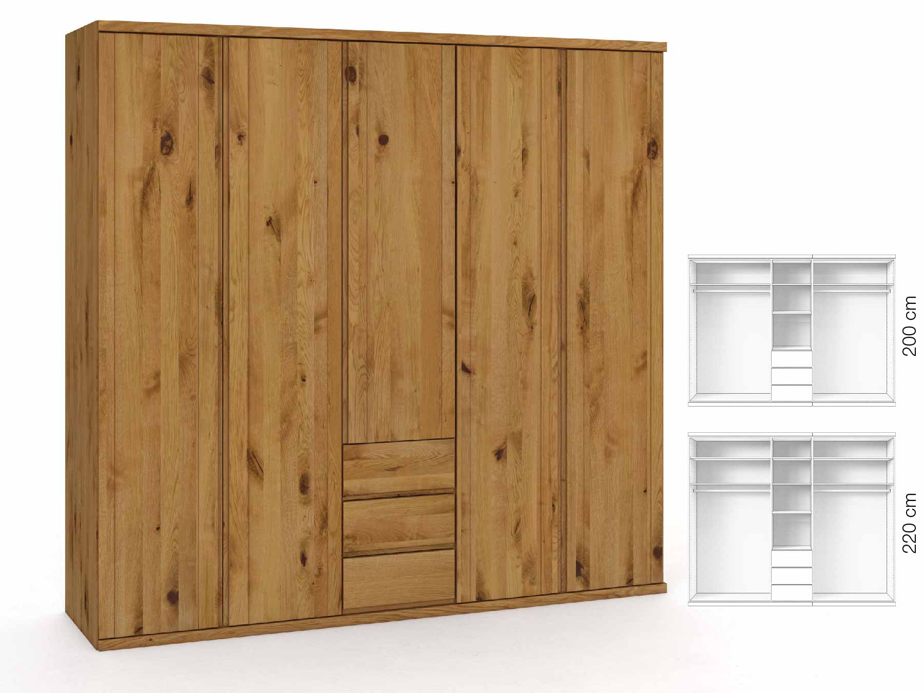 Wildeichenschrank „Egon“, 5-türig, Höhe 220 cm, Griffausführung „Patrizia“, Inneneinrichtung: E