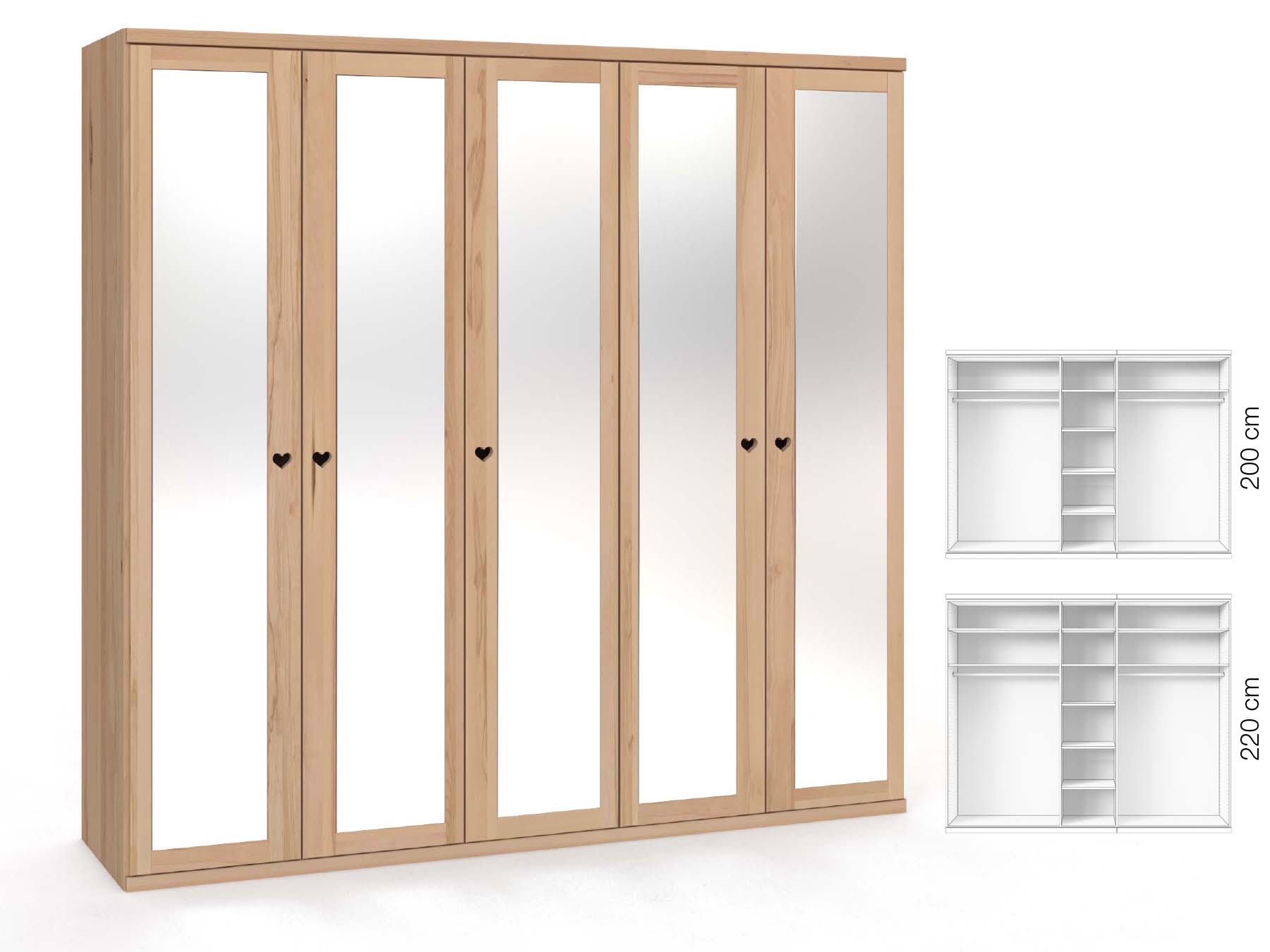 Buchenschrank „Sandra“, 5-türig, Höhe 220 cm, Griffausführung „Heidi“, Inneneinrichtung: B