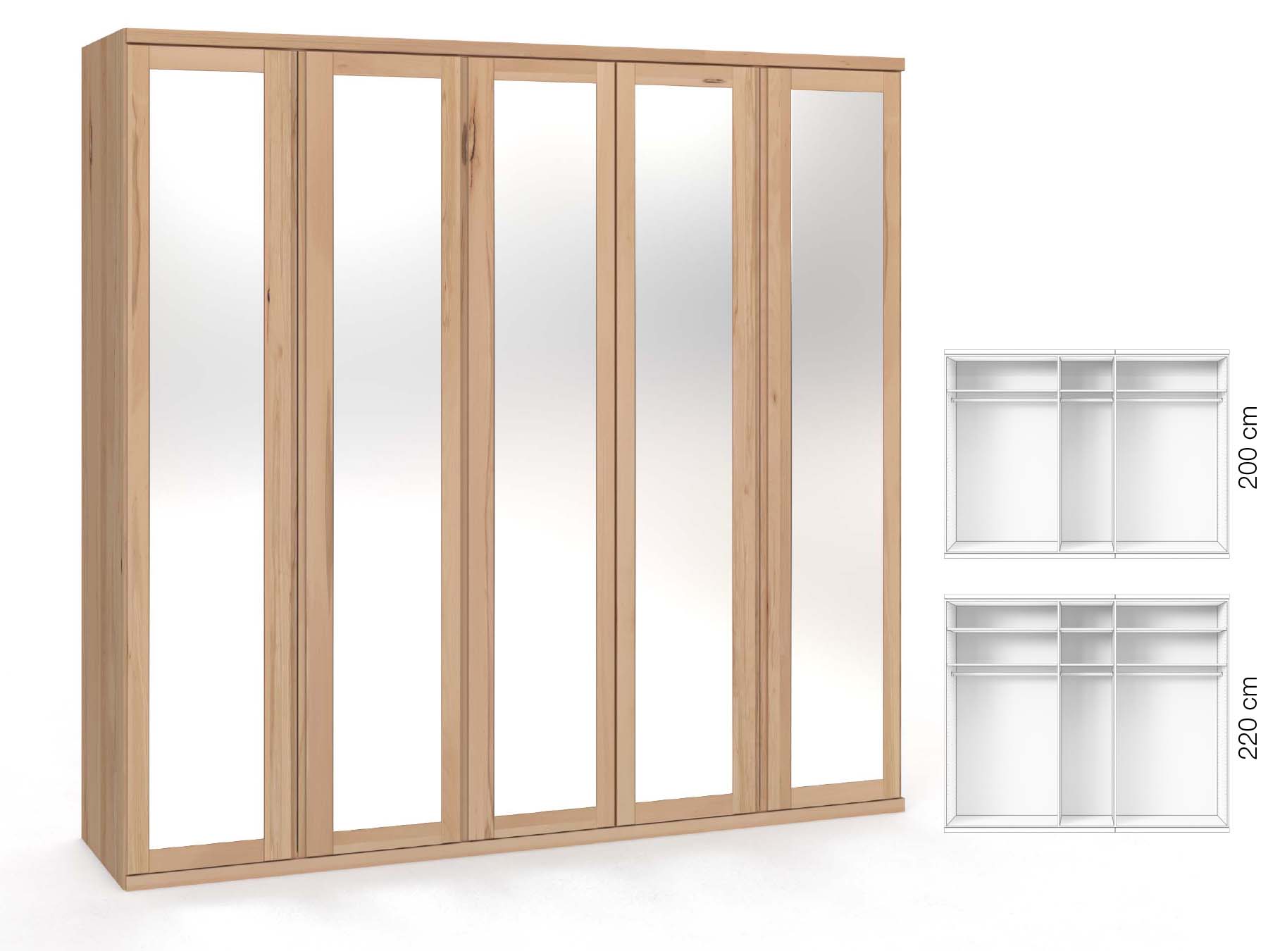 Buchenschrank „Sandra“, 5-türig, Höhe 220 cm, Griffausführung „Patrizia“, Inneneinrichtung: A