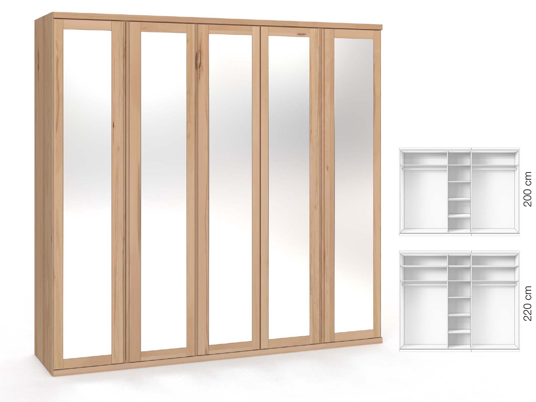 Buchenschrank „Sandra“, 5-türig, Höhe 220 cm, Griffausführung „Patrizia“, Inneneinrichtung: B