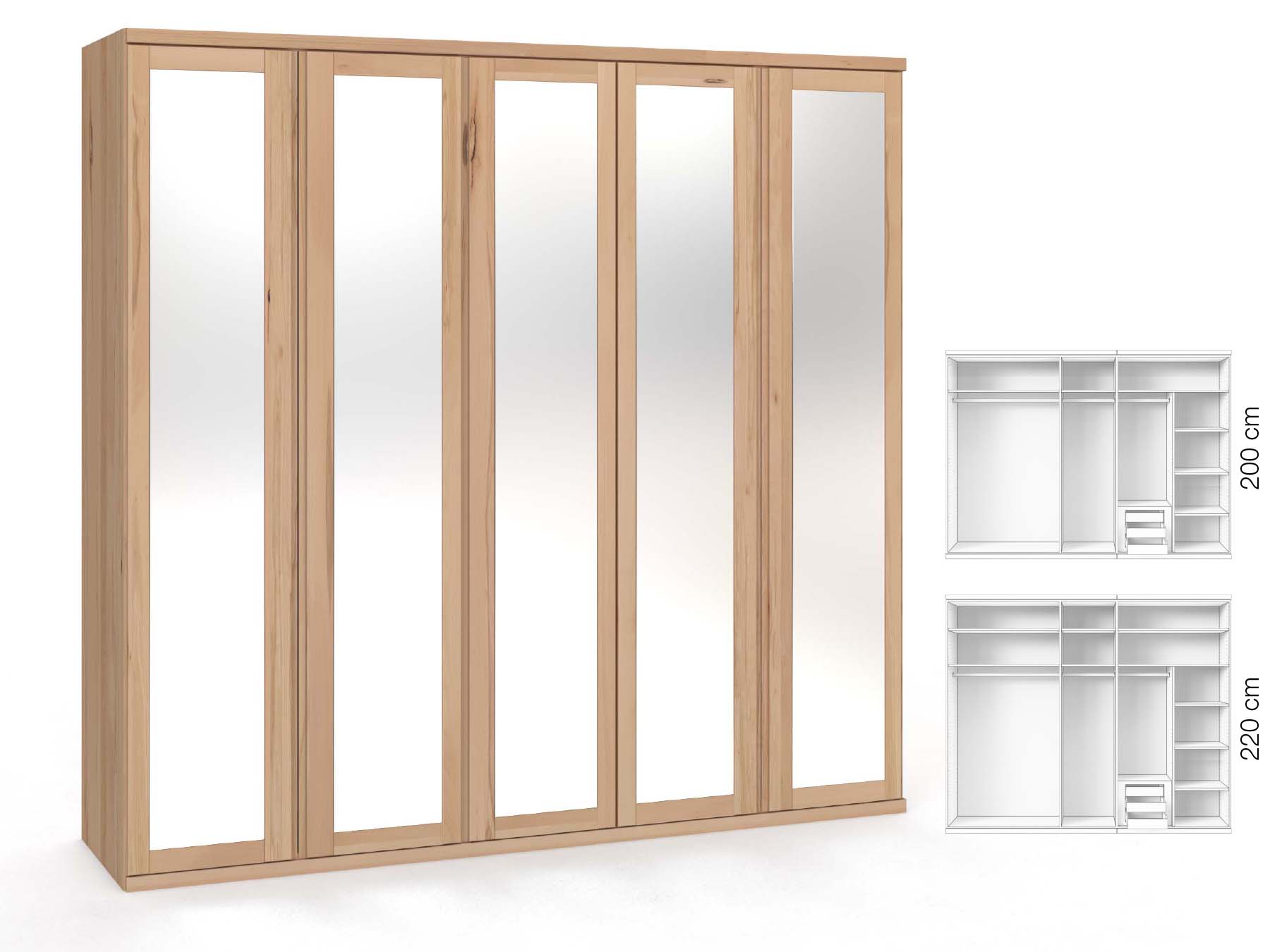 Buchenschrank „Sandra“, 5-türig, Höhe 220 cm, Griffausführung „Patrizia“, Inneneinrichtung: D