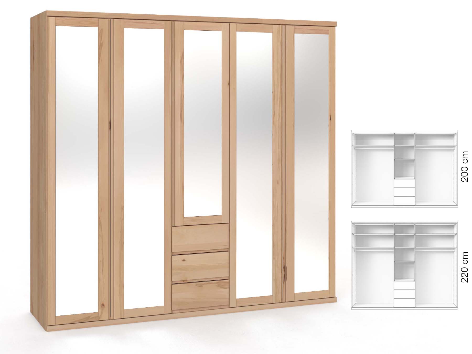 Buchenschrank „Sandra“, 5-türig, Höhe 220 cm, Griffausführung „Patrizia“, Inneneinrichtung: E