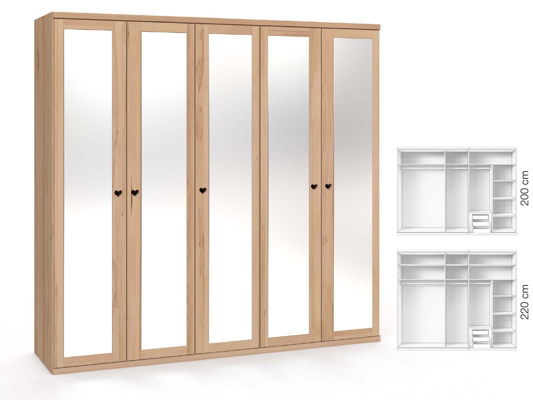 Buchenschrank „Sandra“, 5-türig, Höhe 220 cm, Griffausführung „Heidi“, Inneneinrichtung: D