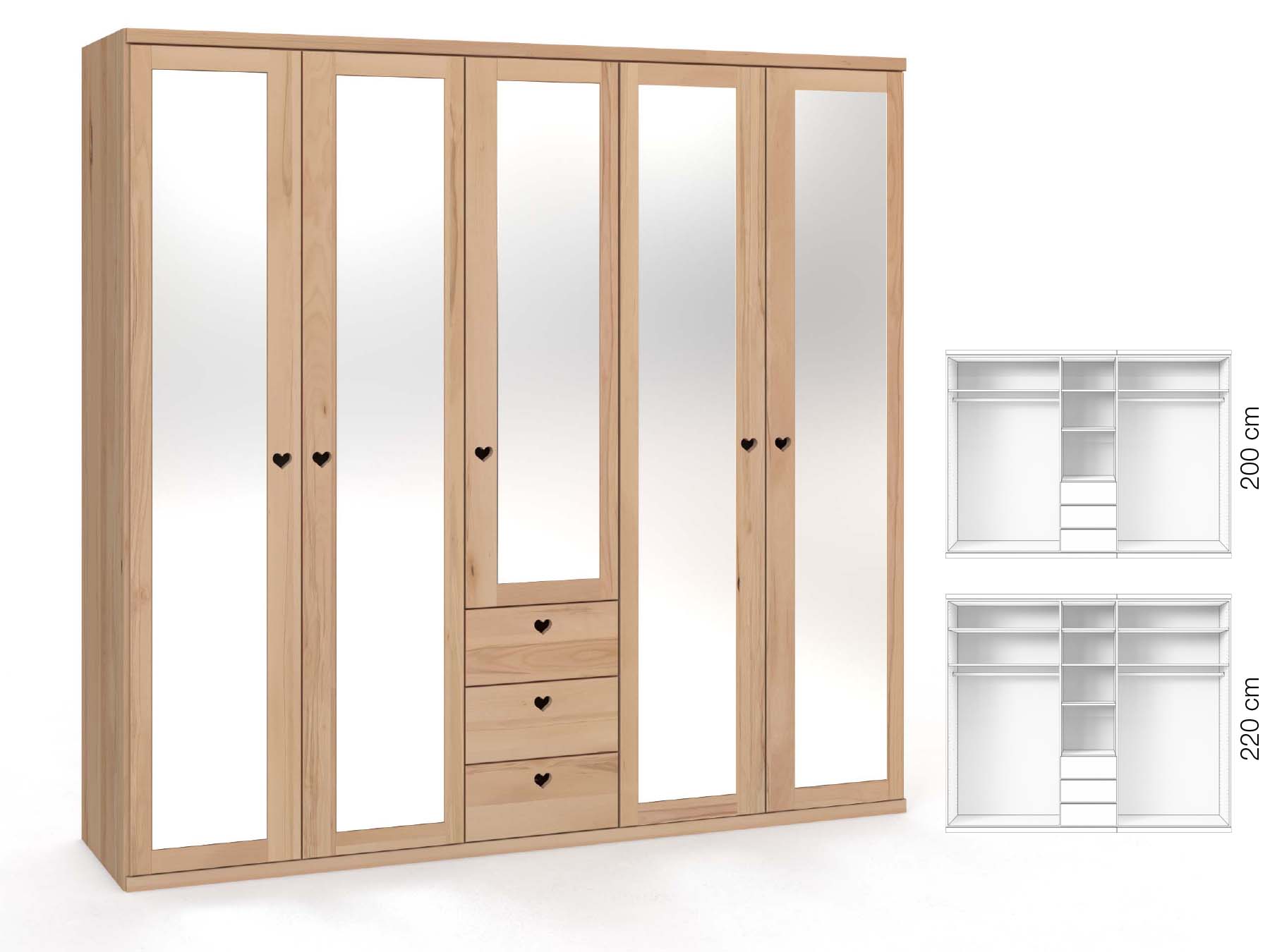 Buchenschrank „Sandra“, 5-türig, Höhe 220 cm, Griffausführung „Heidi“, Inneneinrichtung: E