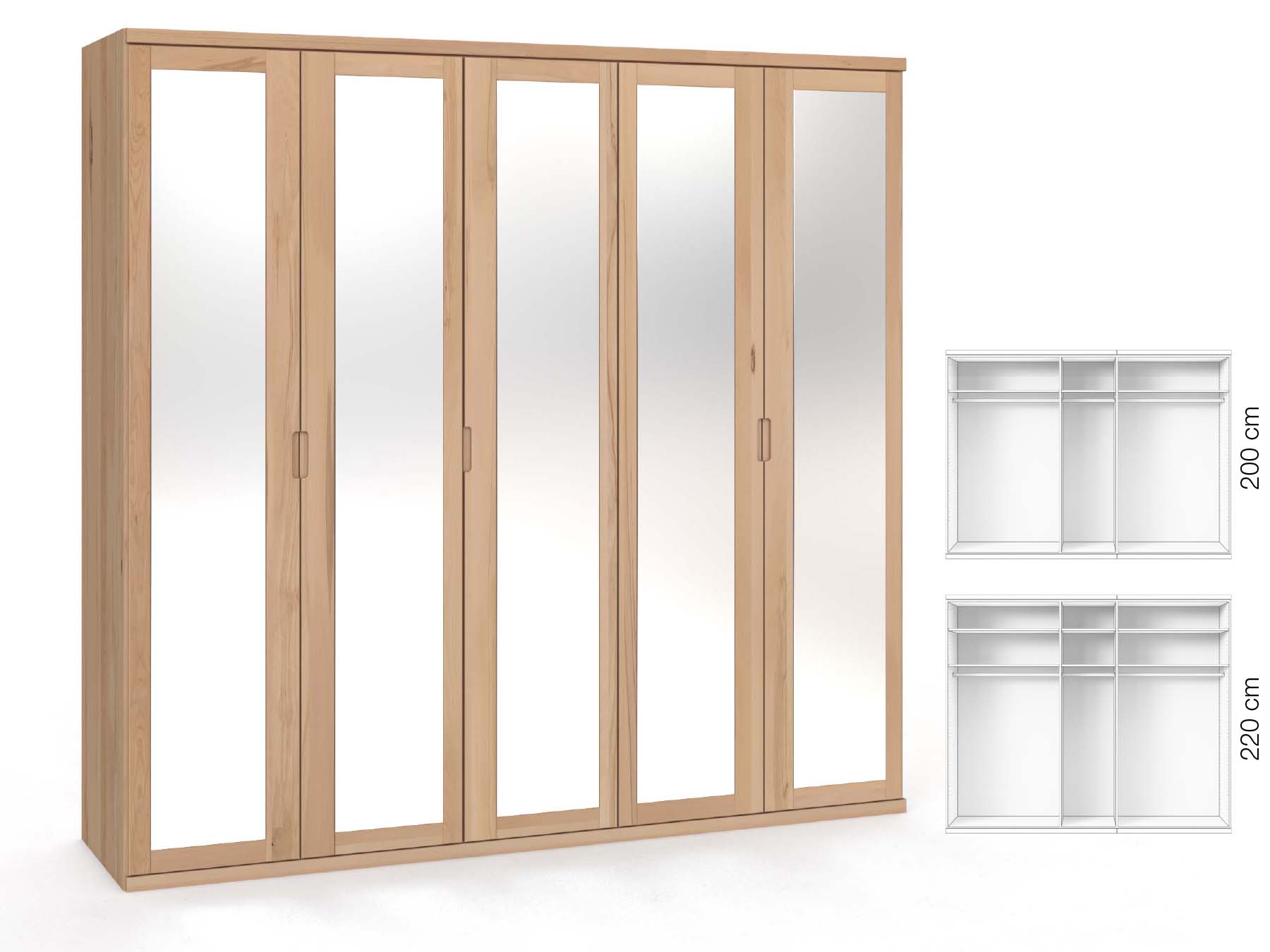 Buchenschrank „Sandra“, 5-türig, Höhe 220 cm, Griffausführung „Lukas“, Inneneinrichtung: A