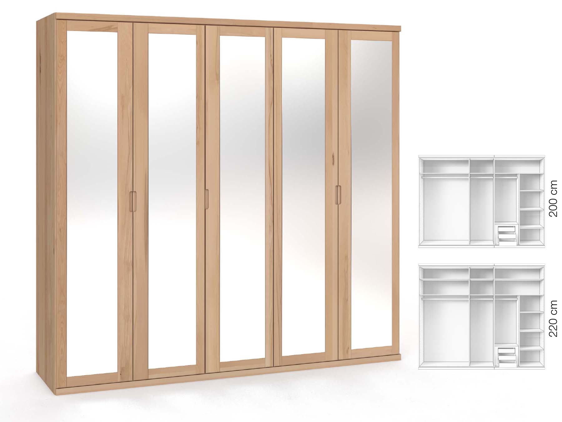 Buchenschrank „Sandra“, 5-türig, Höhe 220 cm, Griffausführung „Lukas“, Inneneinrichtung: D