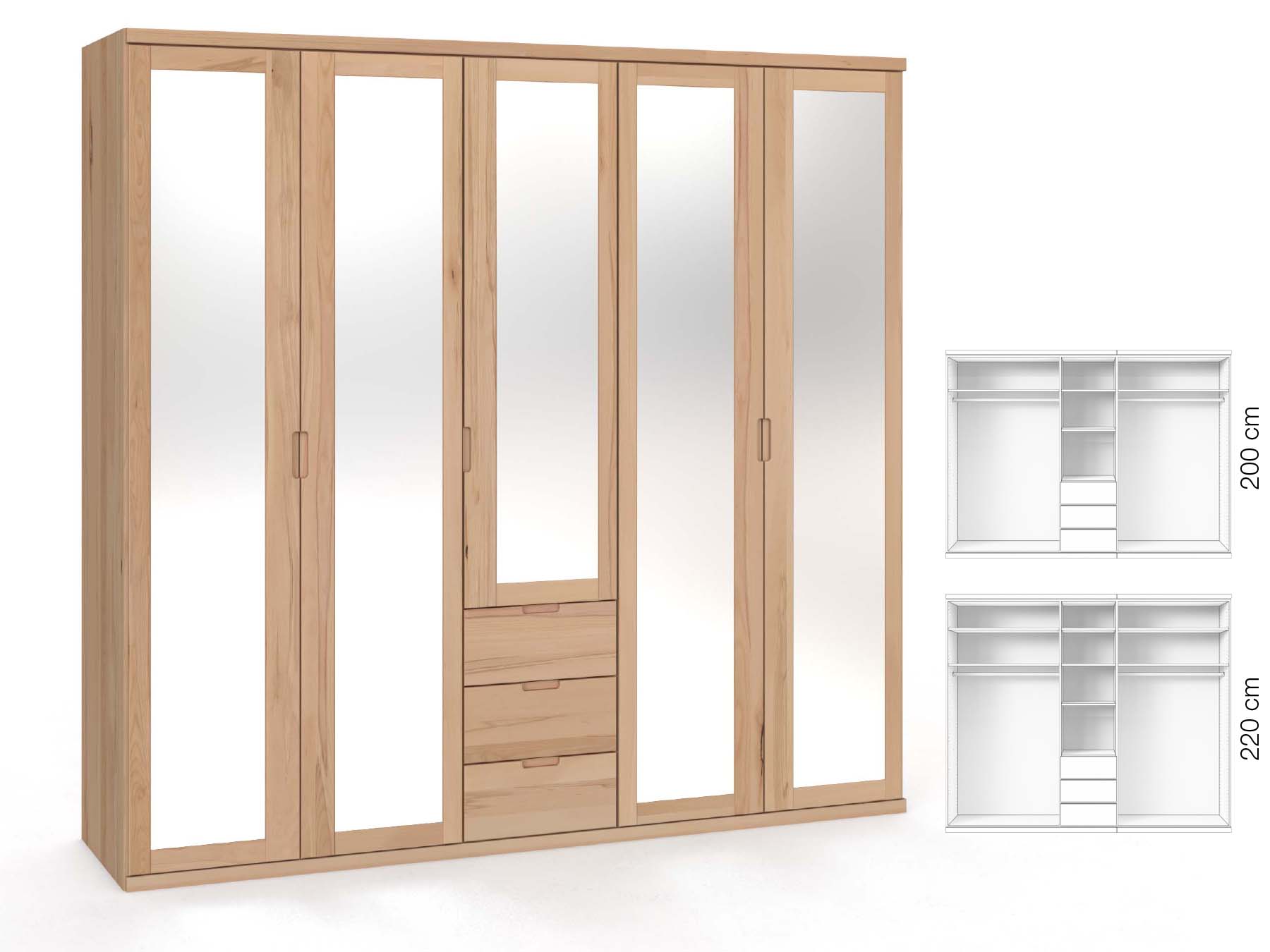 Buchenschrank „Sandra“, 5-türig, Höhe 220 cm, Griffausführung „Lukas“, Inneneinrichtung: E