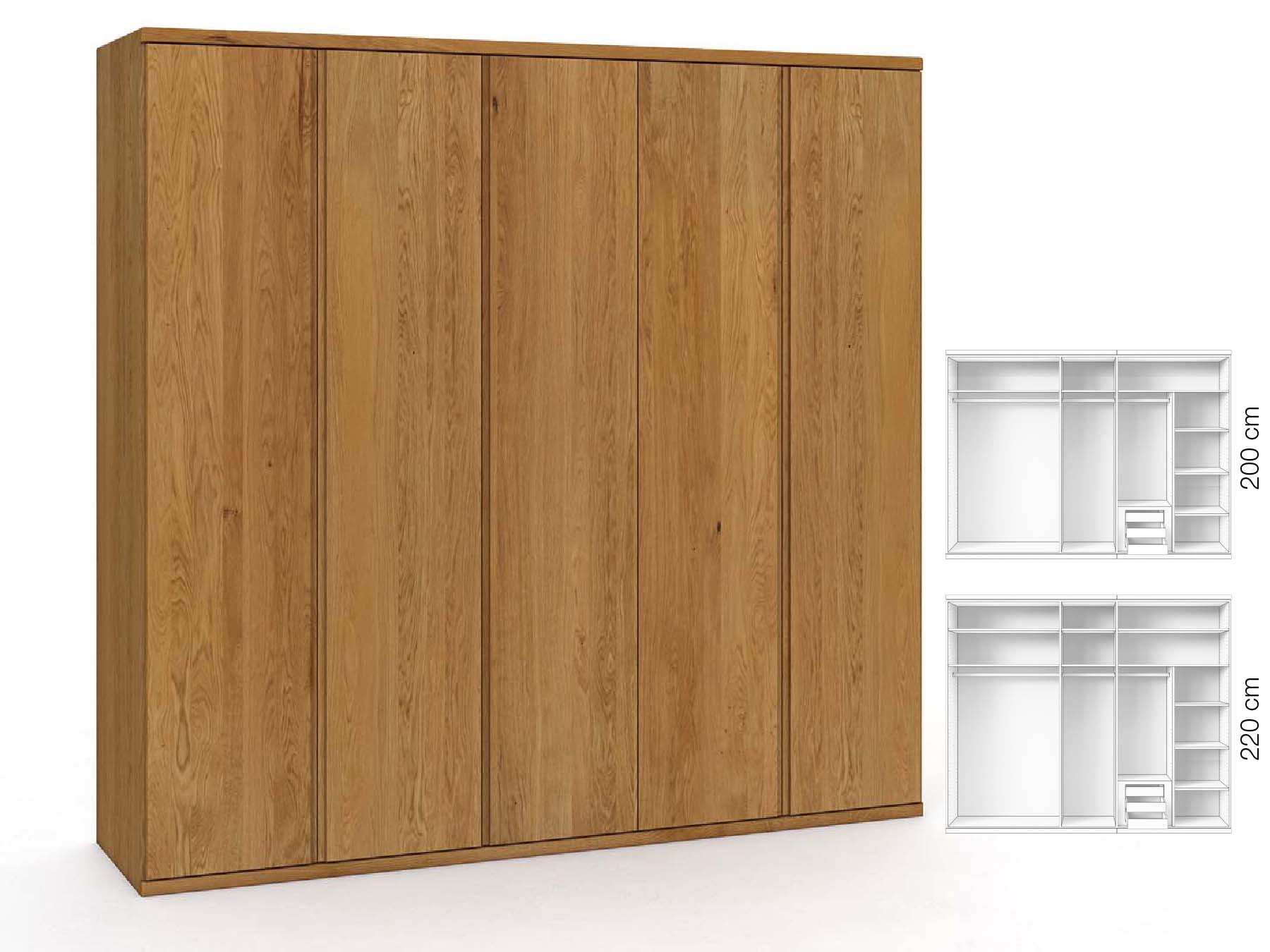 Eichenschrank „Valentin“, 5-türig, Höhe 220 cm, Griffausführung „Patrizia“, Inneneinrichtung: D