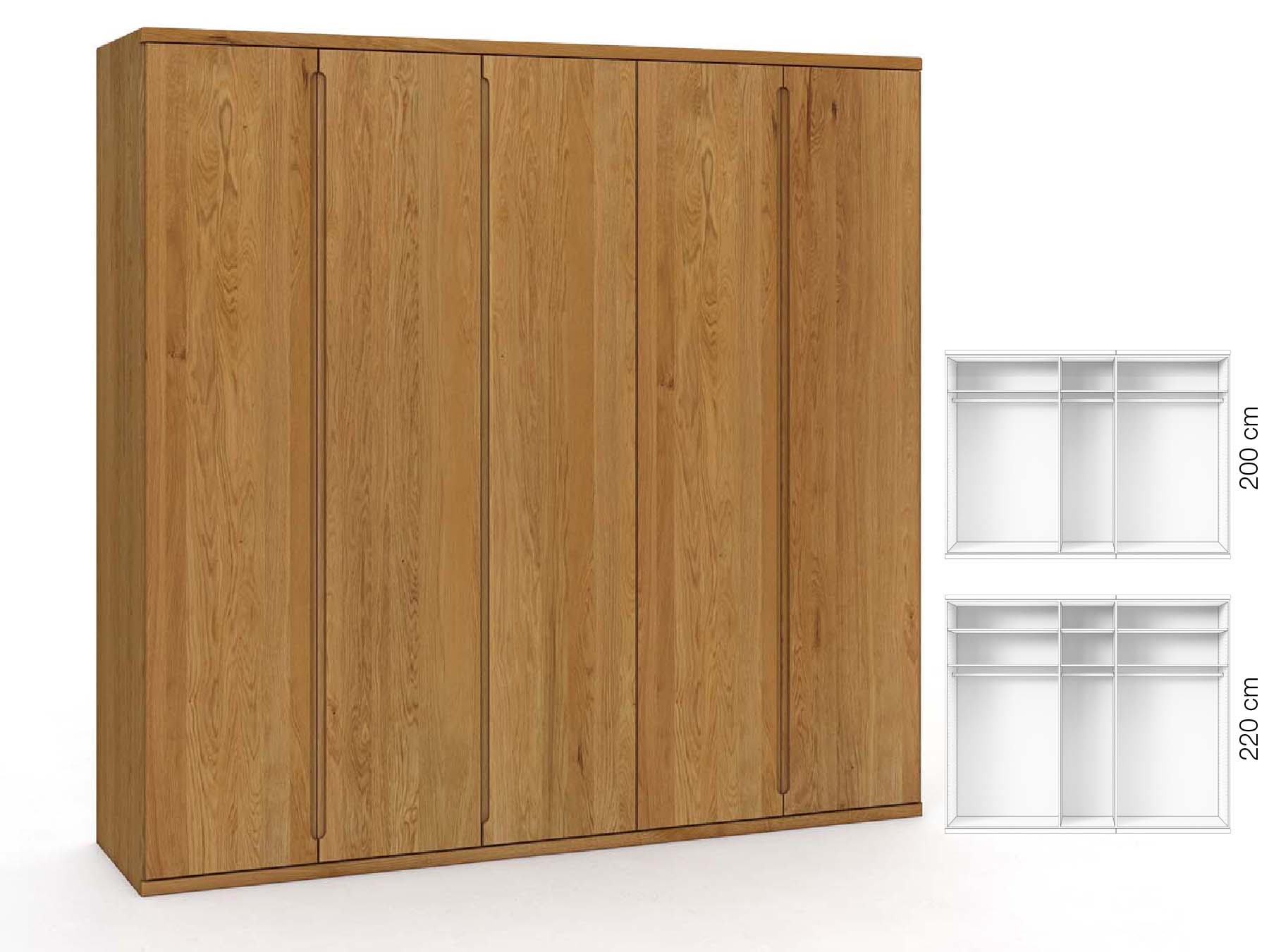 Eichenschrank „Valentin“, 5-türig, Höhe 220 cm, Griffausführung „Lukas“, Inneneinrichtung: A