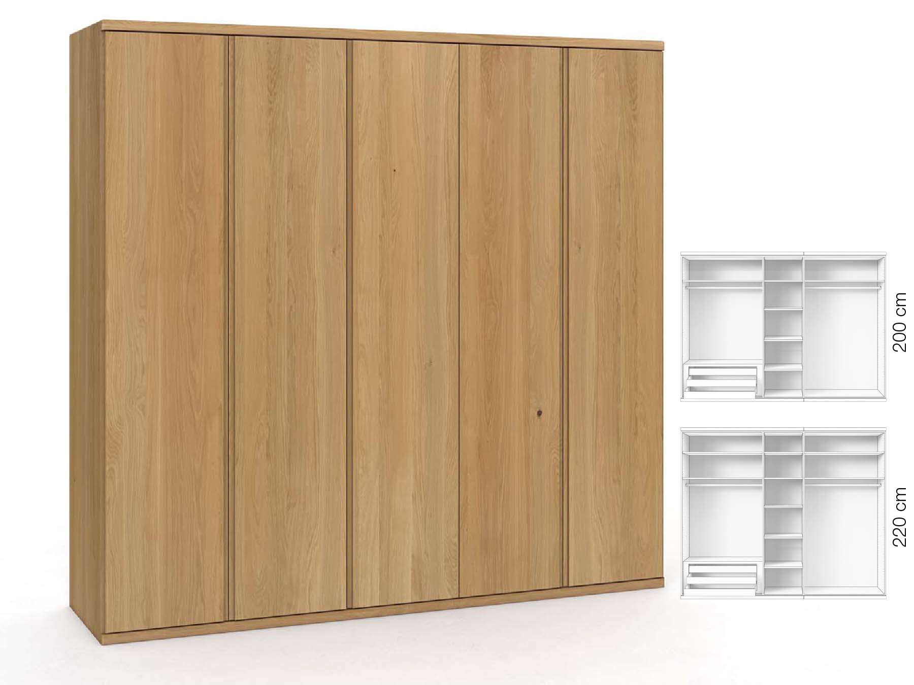 Eichenschrank Hell „Valentin“, 5-türig, Höhe 220 cm, Griffausführung „Patrizia“, Inneneinrichtung: C