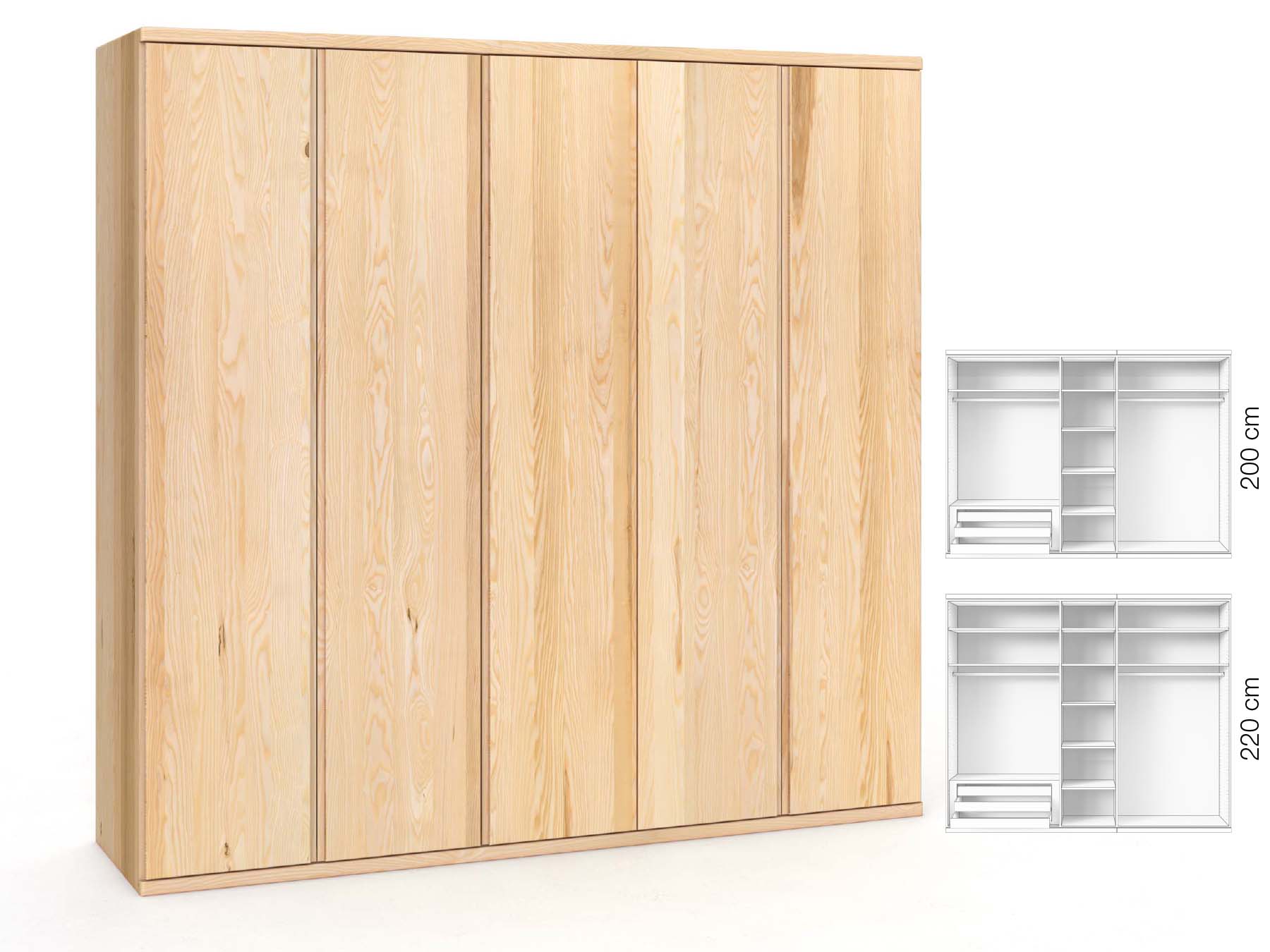 Eschenschrank „Valentin“, 5-türig, Höhe 220 cm, Griffausführung „Patrizia“, Inneneinrichtung: C