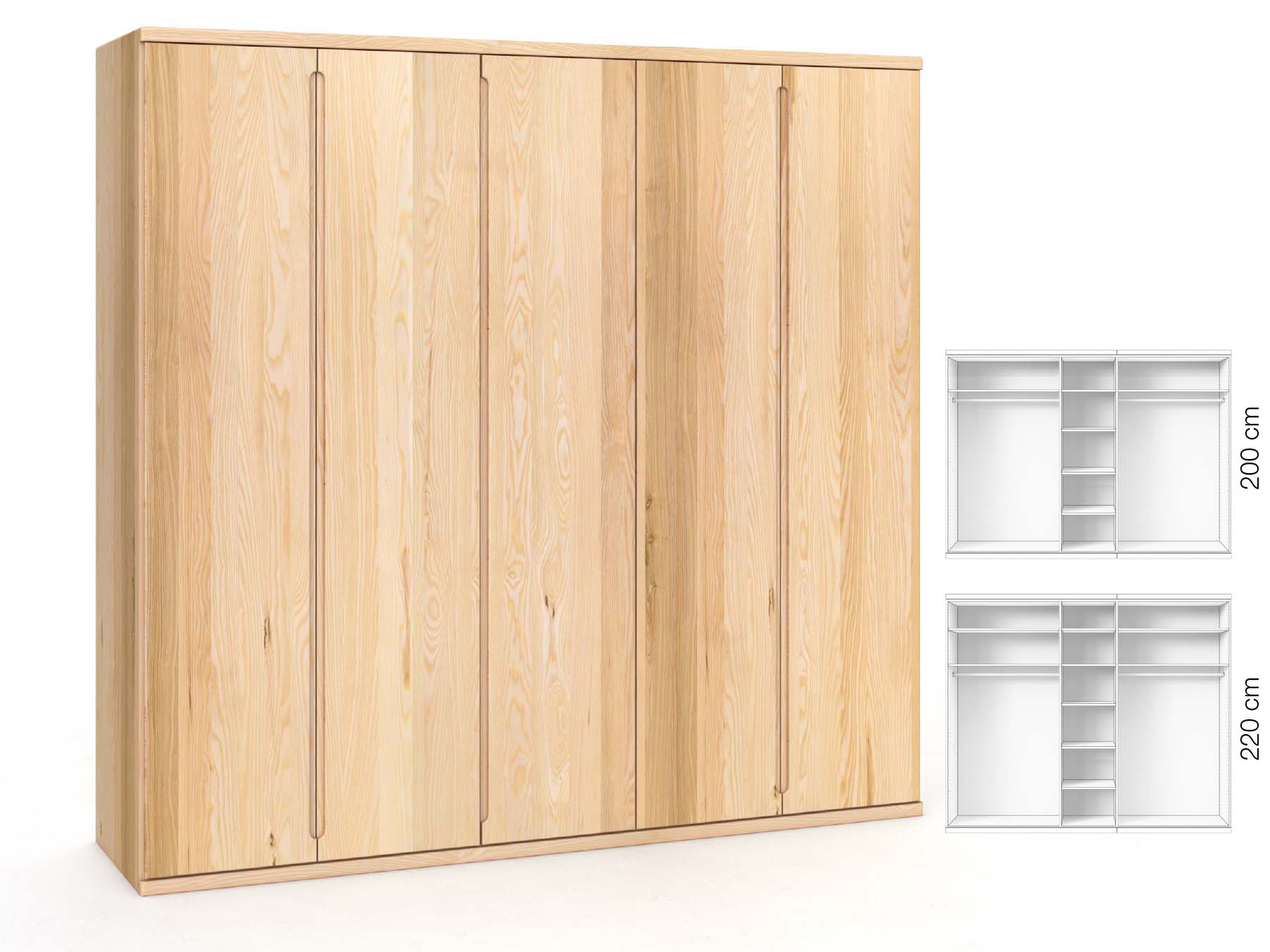 Eschenschrank „Valentin“, 5-türig, Höhe 220 cm, Griffausführung „Lukas“, Inneneinrichtung: B