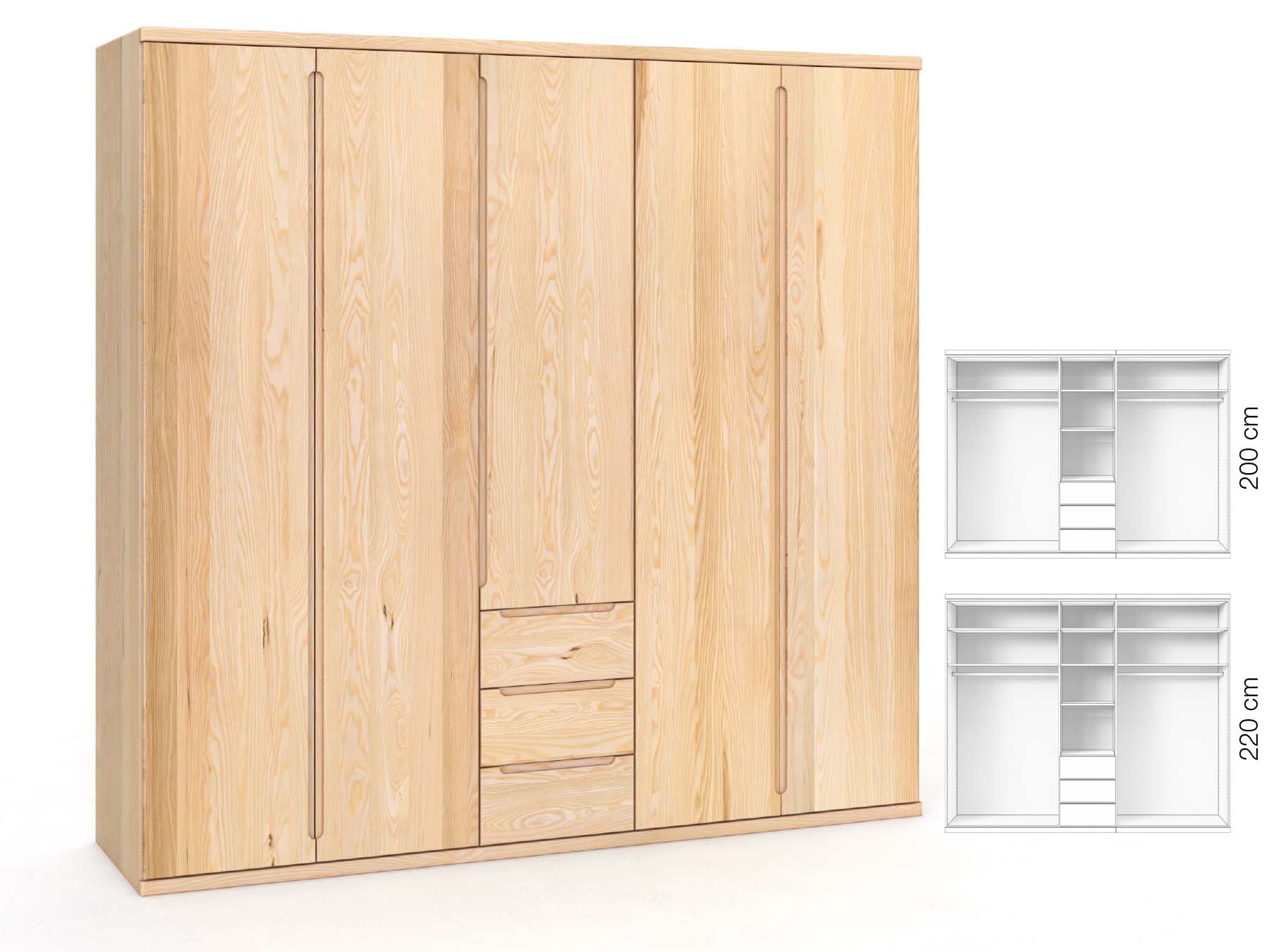 Eschenschrank „Valentin“, 5-türig, Höhe 220 cm, Griffausführung „Lukas“, Inneneinrichtung: E