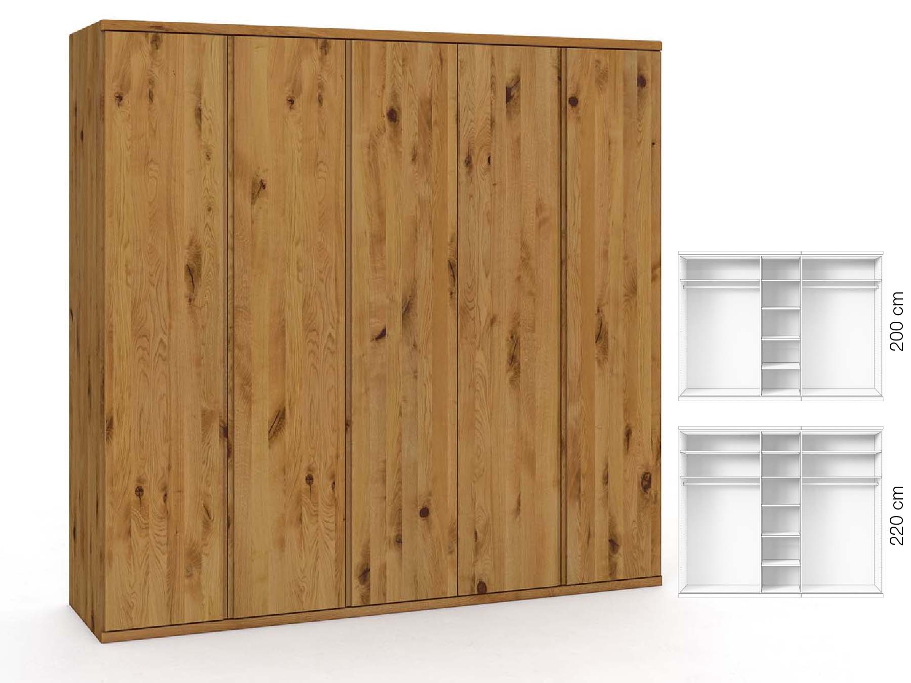 Wildeichenschrank „Valentin“, 5-türig, Höhe 220 cm, Griffausführung „Patrizia“, Inneneinrichtung: B