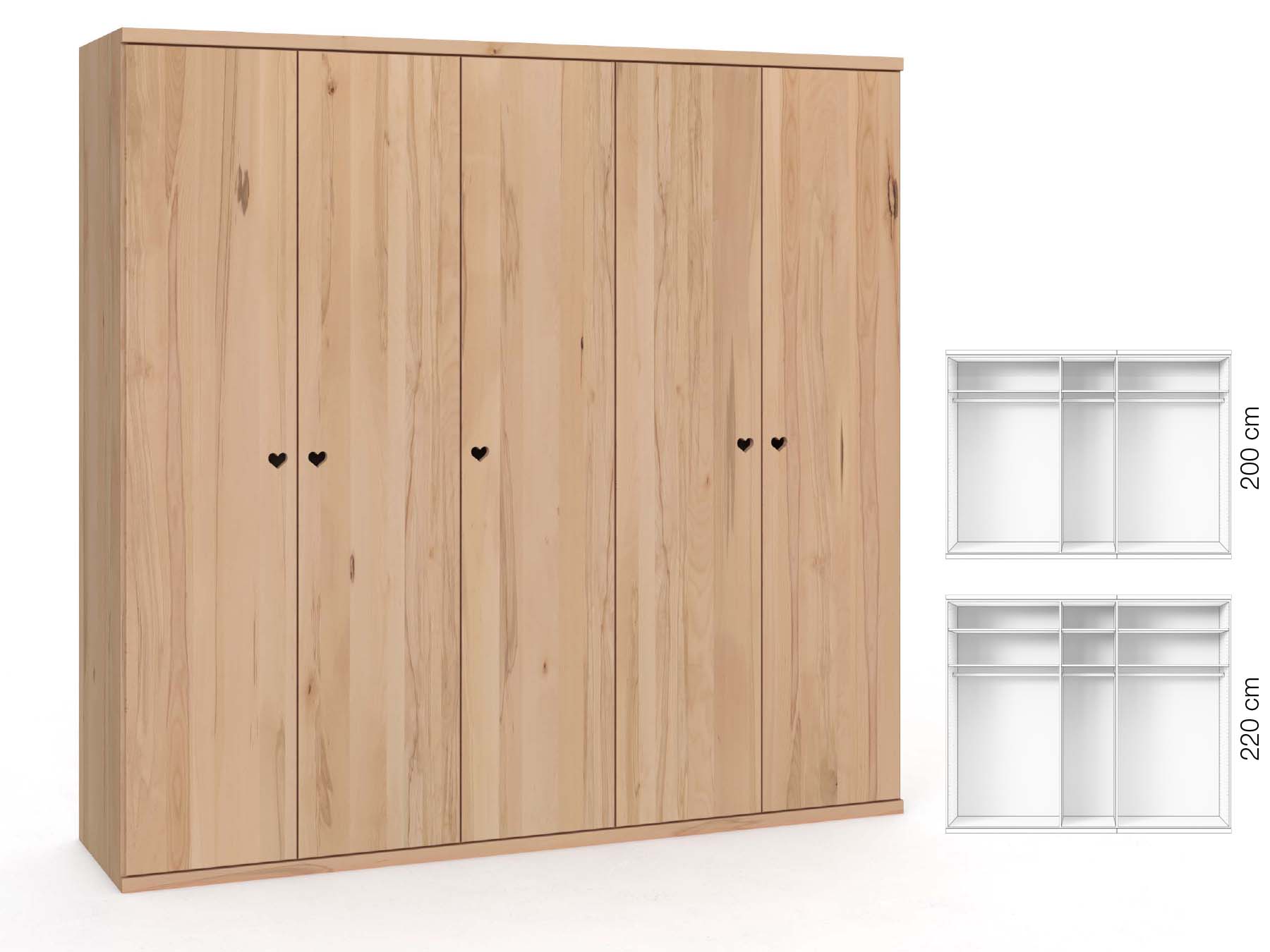 Buchenschrank „Romana“, 5-türig, Höhe 220 cm, Griffausführung „Heidi“, Inneneinrichtung: A
