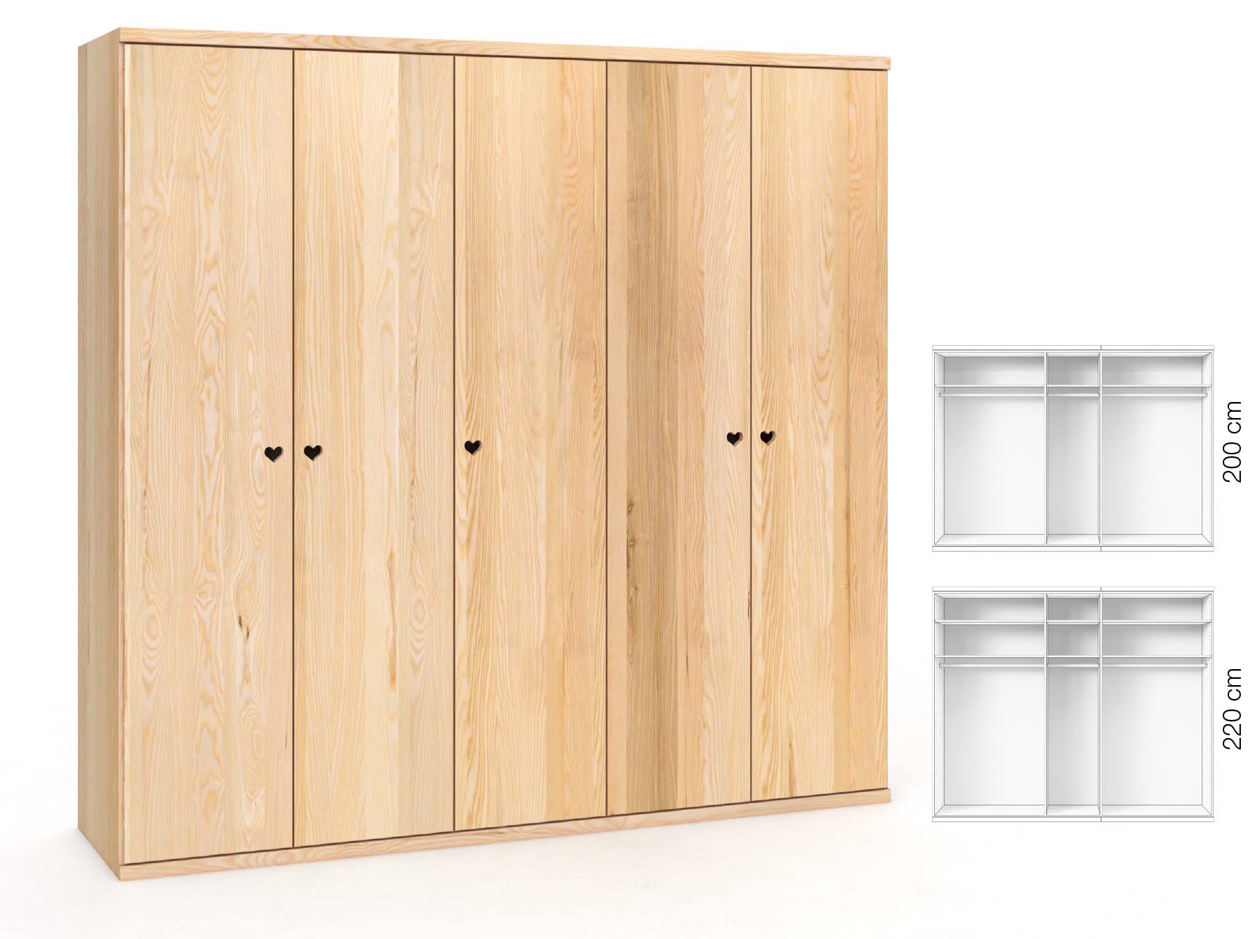 Eschenschrank „Romana“, 5-türig, Höhe 220 cm, Griffausführung „Heidi“, Inneneinrichtung: A