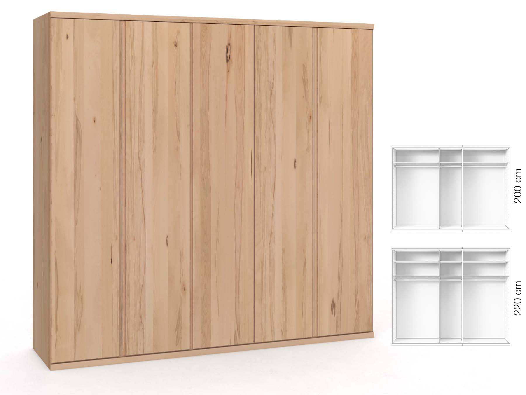 Buchenschrank „Romana“, 5-türig, Höhe 220 cm, Griffausführung „Patrizia“, Inneneinrichtung: A