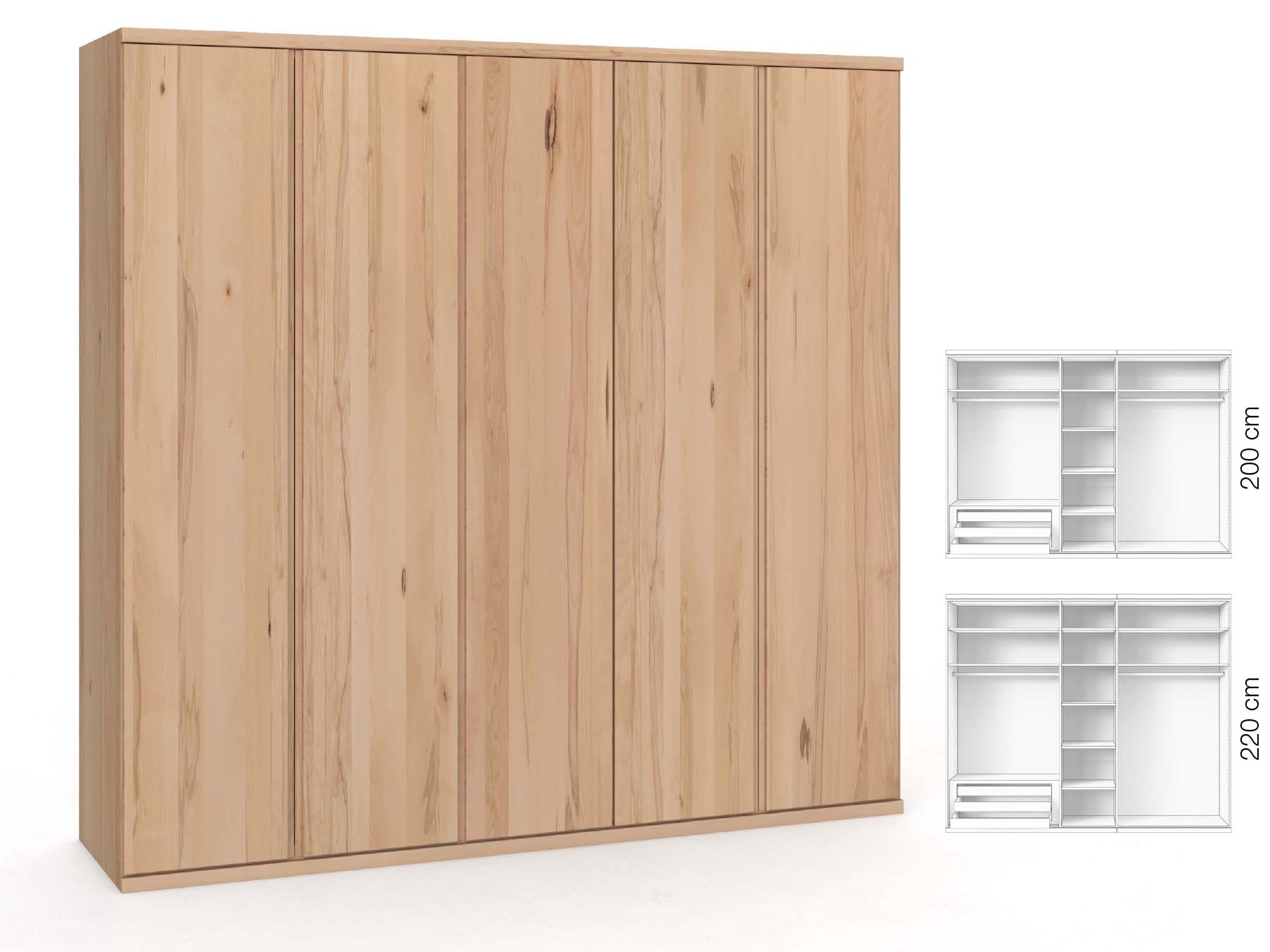 Buchenschrank „Romana“, 5-türig, Höhe 220 cm, Griffausführung „Patrizia“, Inneneinrichtung: C